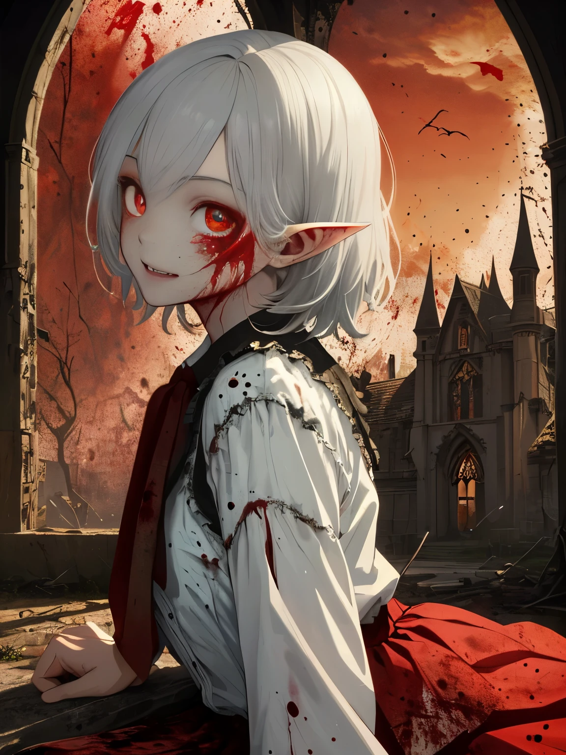 Very detailed wallpaper, Super detailed details, Detailed shadows, Very precise and detailed, Extremely detailed 8K wallpapers, Very beautiful 8KCG wallpaper,an old abandoned church. a boy sits down. His clothes were tattered，There are stains in many places. His short white hair is dull and messy. Light enters through the cracked stained glass windows.There are bat wings on the back.fangs,(best lighting, extremely delicate and beautiful),(best lighting, extremely delicate and beautiful), (Beautiful and delicate face), (Detailed eyes and detailed face:1.2), dark fantasy,  alone, crazy smile, white hair, dynamic angle, vampire), (gaint vampire castle in background),  (red moon, Red sky), Pointy_ear, fangs, Demon Wings, There is blood on the face, Rain of blood, blood mist, (depth of field), high contrast, (blood spatter:1.4), cowboy shooting, whole body，Normal skin color，Elf ears.