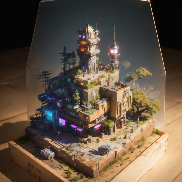 small realistic model, (bifurcation, original photo, best quality, masterpiece:1.4),Steampunk Cyberpunk 1820 City,(Cyberpunk light:1.3), Mards,horizon (related to land),(in a small nature box:1.3),Isometric, small nature, landscape on foundation,landscape,