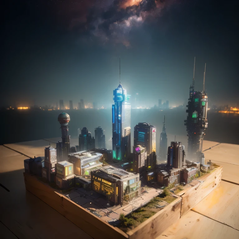 small realistic model, (bifurcation, original photo, best quality, masterpiece:1.4),Steampunk Cyberpunk 1820 City,(Cyberpunk light:1.3), Mards,horizon (related to land),(in a small nature box:1.3),Isometric, small nature, landscape on foundation,landscape,