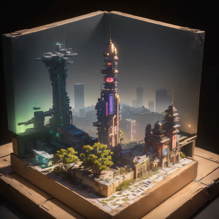small realistic model, (bifurcation, original photo, best quality, masterpiece:1.4),Steampunk Cyberpunk 1820 City,(Cyberpunk light:1.3), Mards,horizon (related to land),(in a small nature box:1.3),Isometric, small nature, landscape on foundation,landscape,