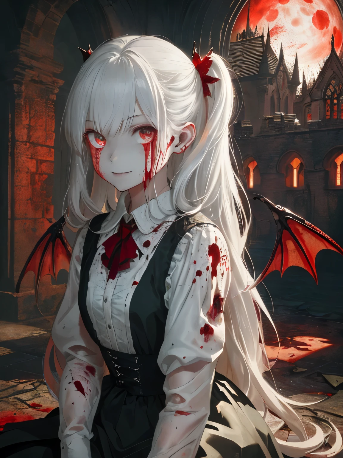 Very detailed wallpaper, Super detailed details, Detailed shadows, Very precise and detailed, Extremely detailed 8K wallpapers, Very beautiful 8KCG wallpaper,an old abandoned church. a boy sits down. His clothes were tattered，There are stains in many places. His short white hair is dull and messy. Light enters through the cracked stained glass windows.There are bat wings on the back.fangs,(best lighting, extremely delicate and beautiful),(best lighting, extremely delicate and beautiful), (Beautiful and delicate face), (Detailed eyes and detailed face:1.2), dark fantasy,  alone, crazy smile, white hair, dynamic angle, vampire), (gaint vampire castle in background),  (red moon, Red sky), Pointy_ear, fangs, Demon Wings, There is blood on the face, Rain of blood, blood mist, (depth of field), high contrast, (blood spatter:1.4), cowboy shooting, whole body，Normal skin color，Elf ears.
