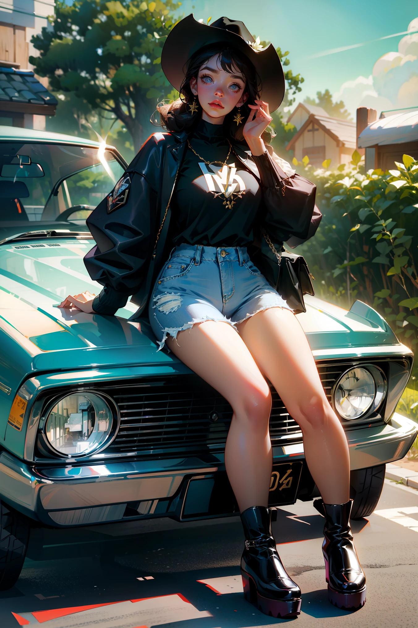 A beautiful female CEO.A little obese,round toe platform boots, She was in the middle of the streets of a small village.,Behind is a luxury SUV, She is holding a leather bag, Wear denim clothes,wear shorts, A hat. Her hair was long and curly. This is a spectacular full body image,Small upward tilt angle,fat leg,fat ass。