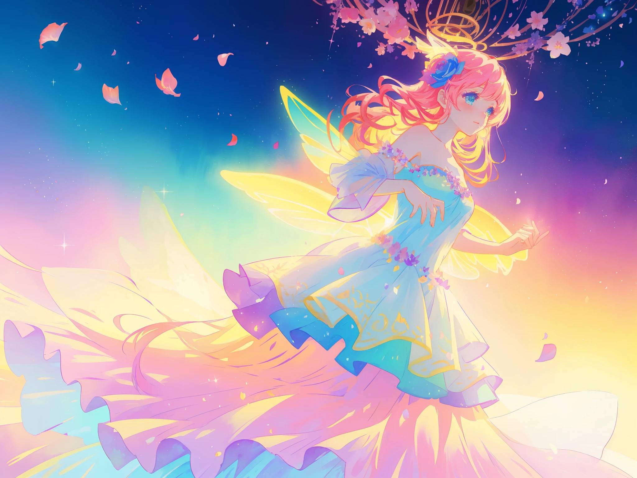 beautiful girl in tiered gradient ballgown dress, gradient colorful dress, ((layered flower petal skirt)), fairy dress, fairy queen, magical fantasia background, (glowing fairy wings), glowing flowing ballgown, long wavy hair, sparkling fairy wings, watercolor illustration, inspired by Glen Keane, inspired by Lois van Baarle, disney art style, jen bartel, beautiful digital illustration, beautiful, masterpiece, best quality, anime disney style
