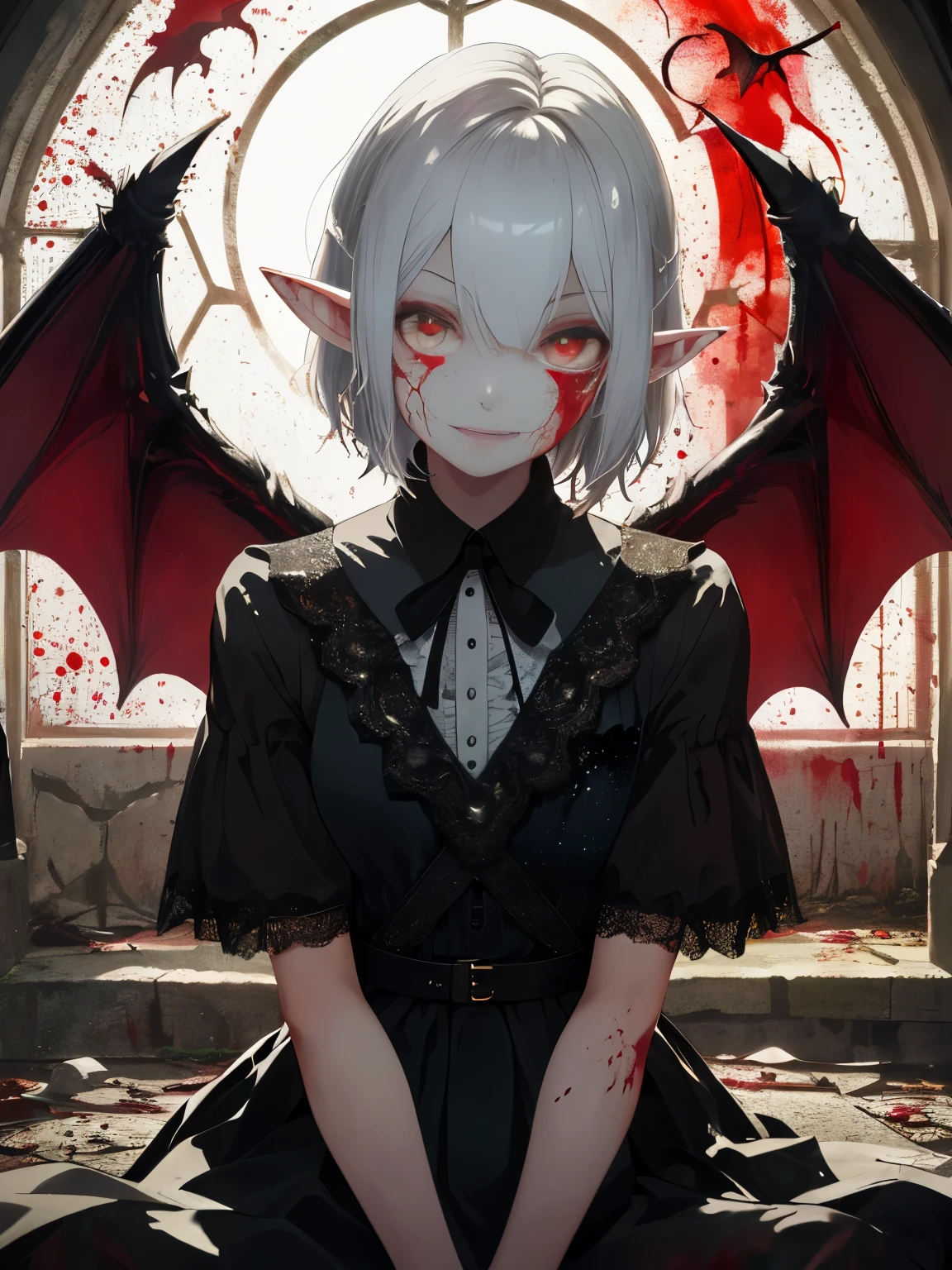 Very detailed wallpaper, Super detailed details, Detailed shadows, Very precise and detailed, Extremely detailed 8K wallpapers, Very beautiful 8KCG wallpaper,an old abandoned church. a boy sits down. His clothes were tattered,There are stains in many places. His short white hair is dull and messy. Light enters through the cracked stained glass windows.There are bat wings on the back.fangs,(best lighting, extremely delicate and beautiful),(best lighting, extremely delicate and beautiful), (Beautiful and delicate face), (Detailed eyes and detailed face:1.2), dark fantasy, alone, crazy smile, white hair, dynamic angle, vampire), (gaint vampire castle in background), (red moon, Red sky), Pointy_ear, fangs, Demon Wings, There is blood on the face, Rain of blood, blood mist, (depth of field), high contrast, (blood spatter:1.4), cowboy shooting, whole body,Normal skin color,Elf ears.