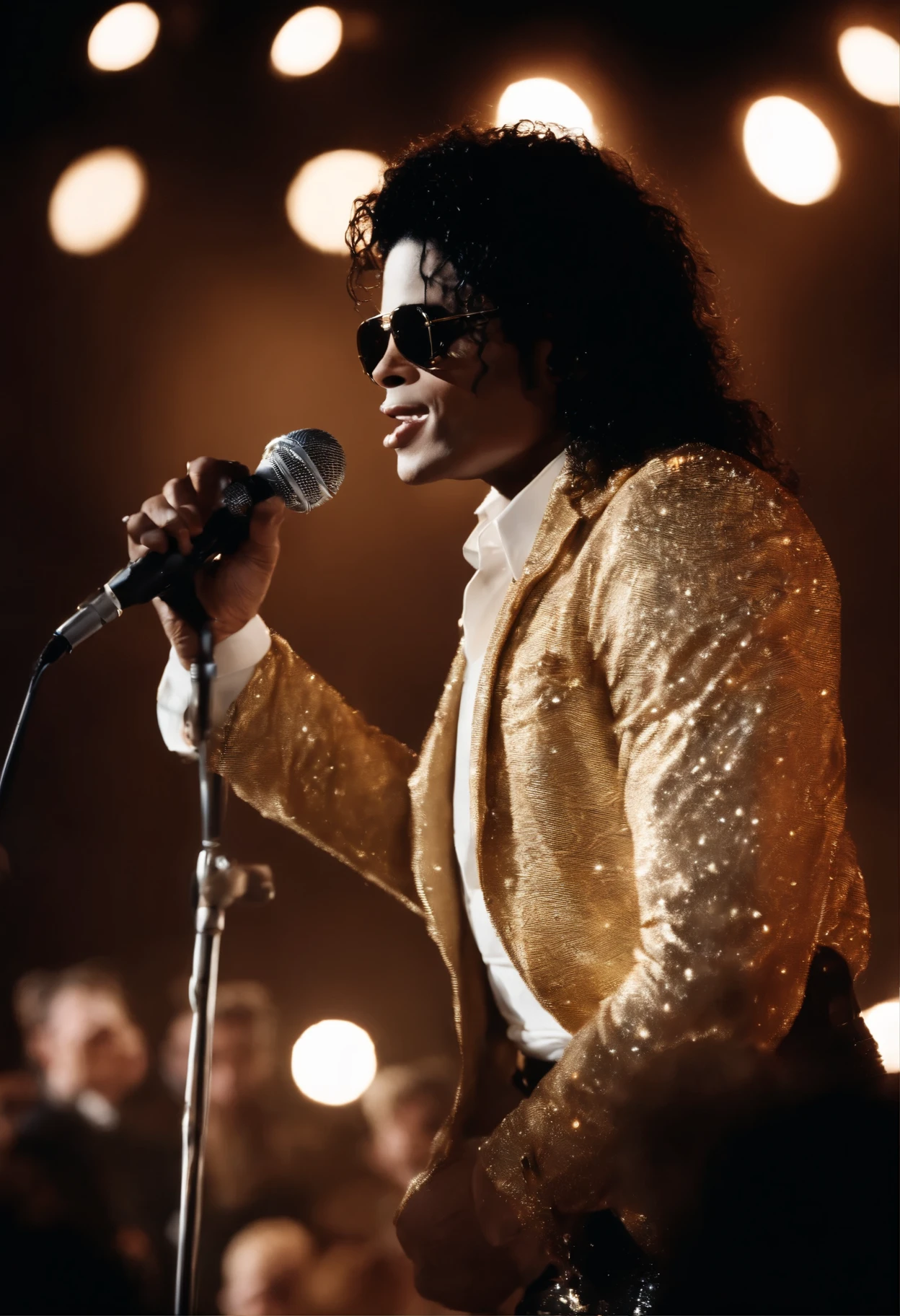 Create realistic image of Michael Jackson singing live in concert but his musicians are cats and the audience are dogs
