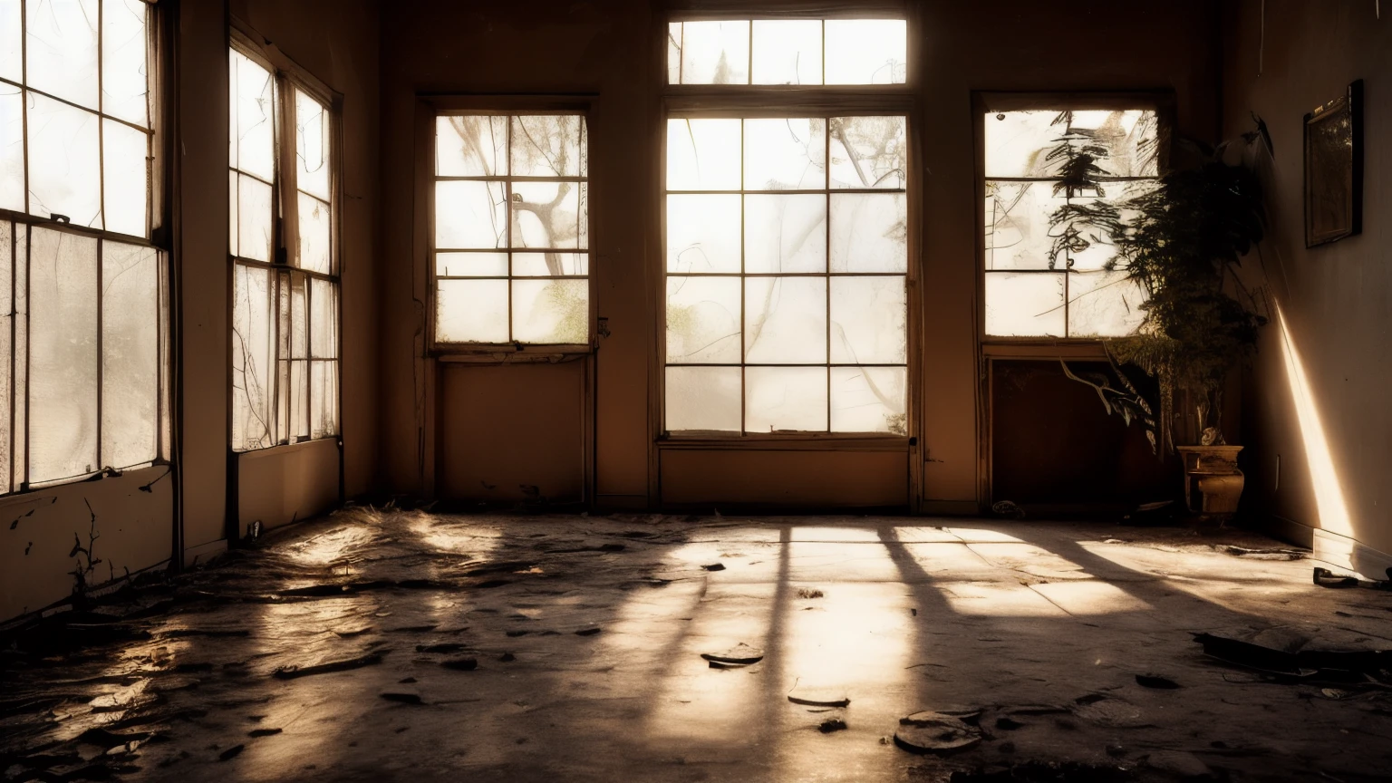 Dust motes dance in the golden light filtering through dusty windowpanes. The interior of an abandoned house is blurred, revealing hints of faded furniture, overgrown plants, and forgotten objects. The air is thick with the weight of time and untold stories.