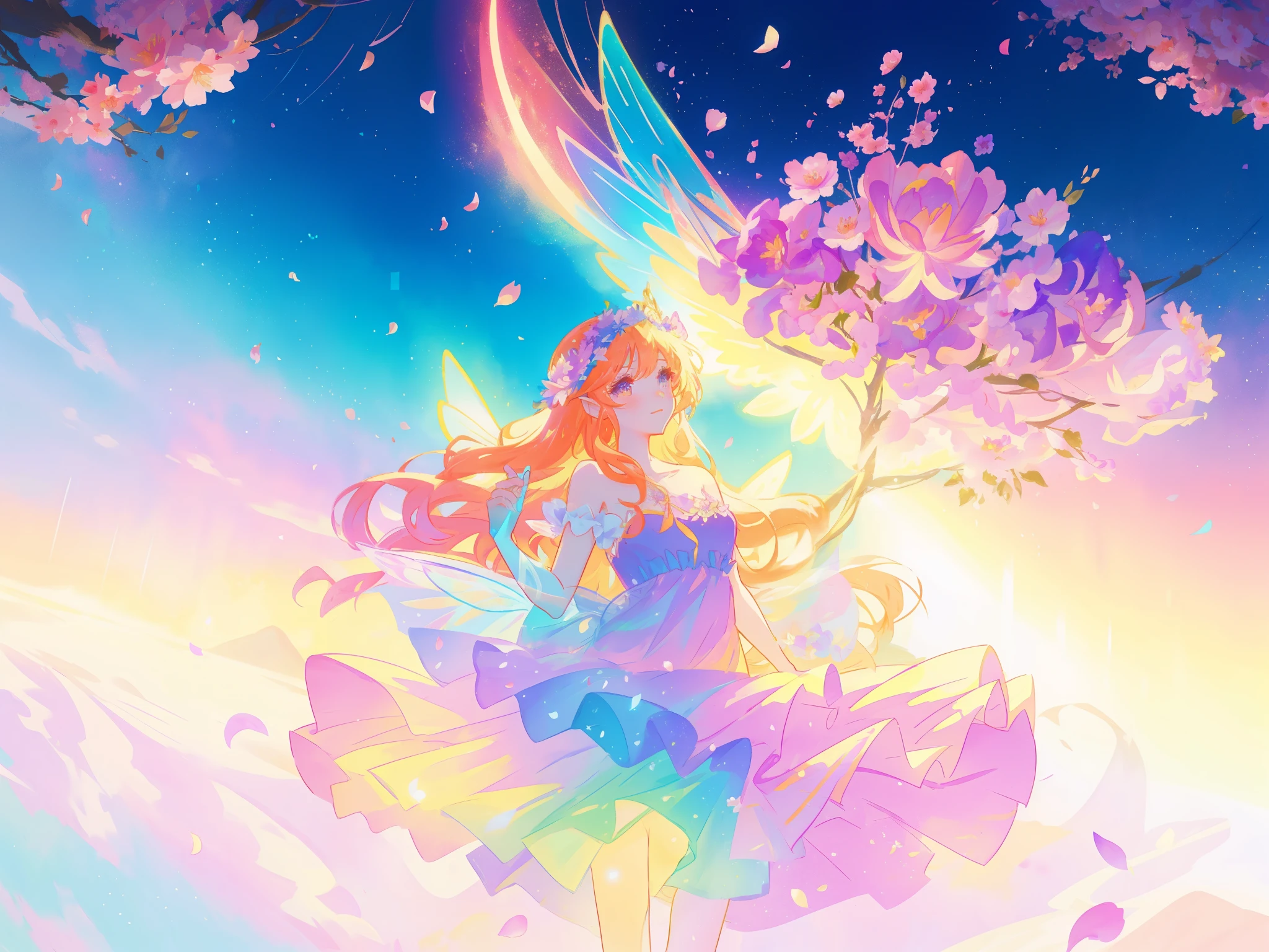 beautiful girl in tiered gradient ballgown dress, gradient colorful dress, ((layered flower petal skirt)), fairy dress, fairy queen, magical fantasia background, (glowing fairy wings), glowing flowing ballgown, long wavy hair, sparkling fairy wings, watercolor illustration, inspired by Glen Keane, inspired by Lois van Baarle, disney art style, jen bartel, beautiful digital illustration, beautiful, masterpiece, best quality, anime disney style