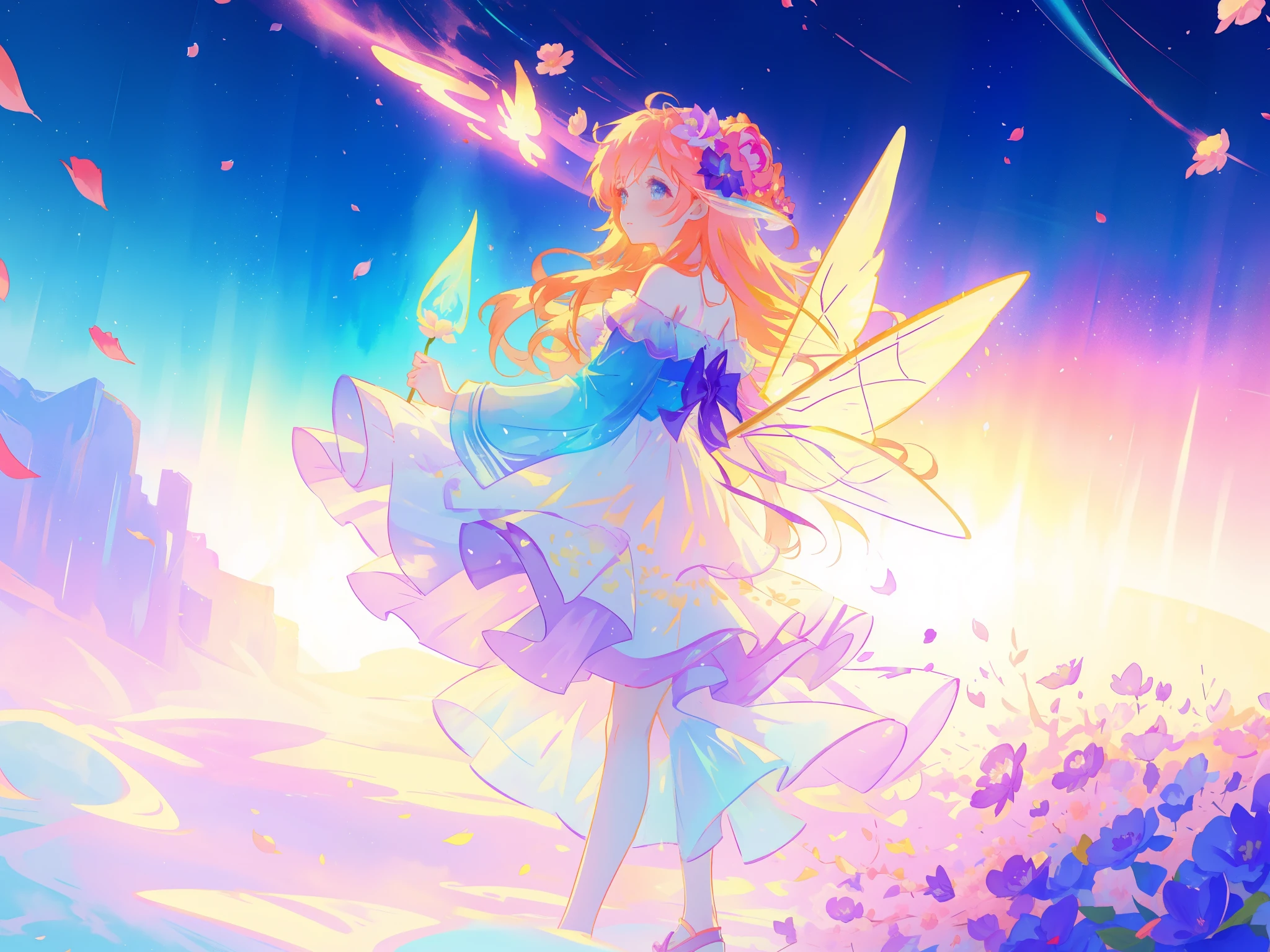 beautiful girl in tiered gradient ballgown dress, gradient colorful dress, ((layered flower petal skirt)), fairy dress, fairy queen, magical fantasia background, (glowing fairy wings), glowing flowing ballgown, long wavy hair, sparkling fairy wings, watercolor illustration, inspired by Glen Keane, inspired by Lois van Baarle, disney art style, jen bartel, beautiful digital illustration, beautiful, masterpiece, best quality, anime disney style