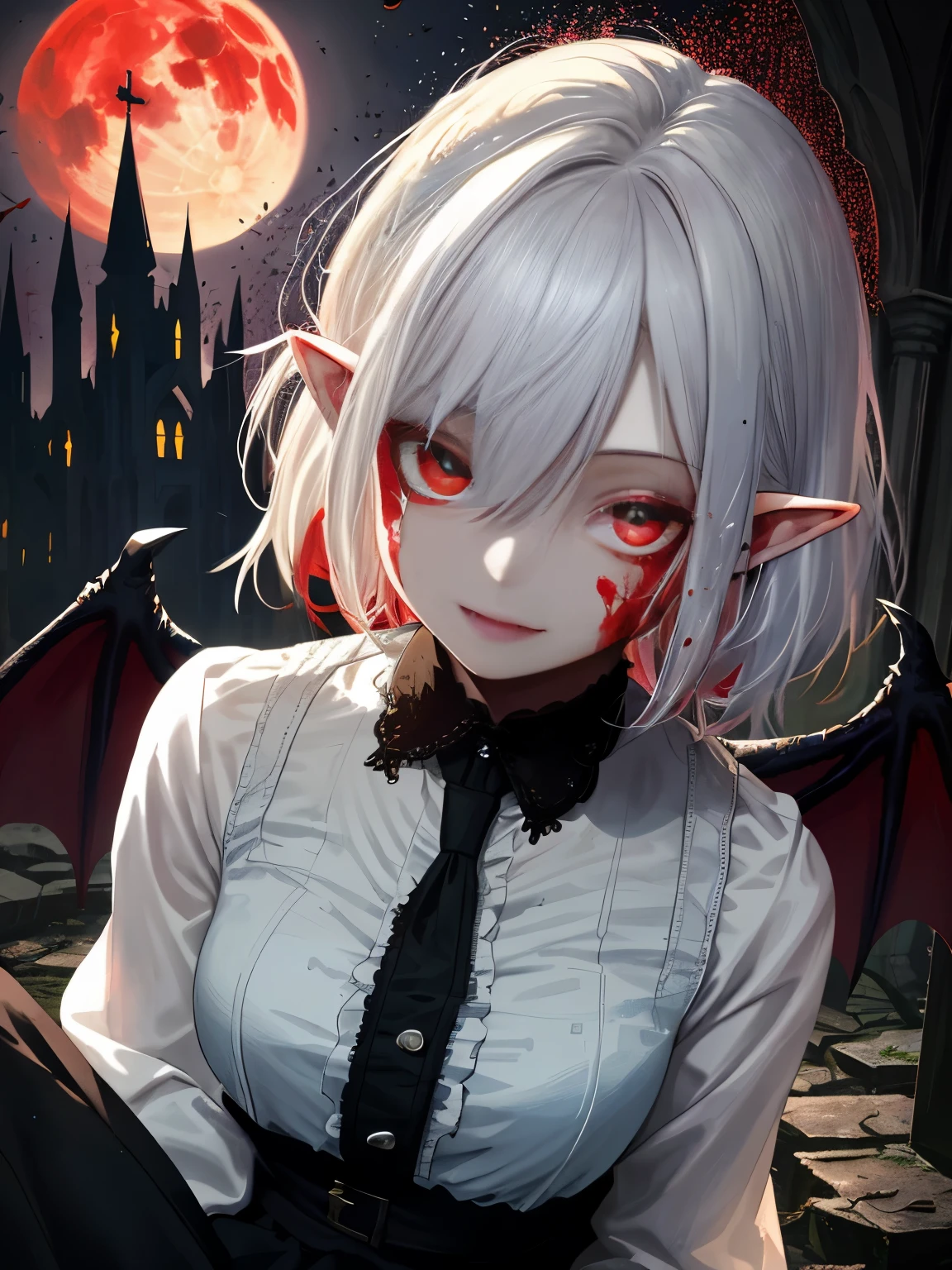 Very detailed wallpaper, Super detailed details, Detailed shadows, Very precise and detailed, Extremely detailed 8K wallpapers, Very beautiful 8KCG wallpaper,an old abandoned church. a boy sits down. His clothes were tattered,There are stains in many places. His short white hair is dull and messy. Light enters through the cracked stained glass windows.There are bat wings on the back.fangs,(best lighting, extremely delicate and beautiful),(best lighting, extremely delicate and beautiful), (Beautiful and delicate face), (Detailed eyes and detailed face:1.2), dark fantasy, alone, crazy smile, white hair, dynamic angle, vampire), (gaint vampire castle in background), (red moon, Red sky), Pointy_ear, fangs, Demon Wings, There is blood on the face, Rain of blood, blood mist, (depth of field), high contrast, (blood spatter:1.4), cowboy shooting, whole body,Normal skin color,Elf ears.