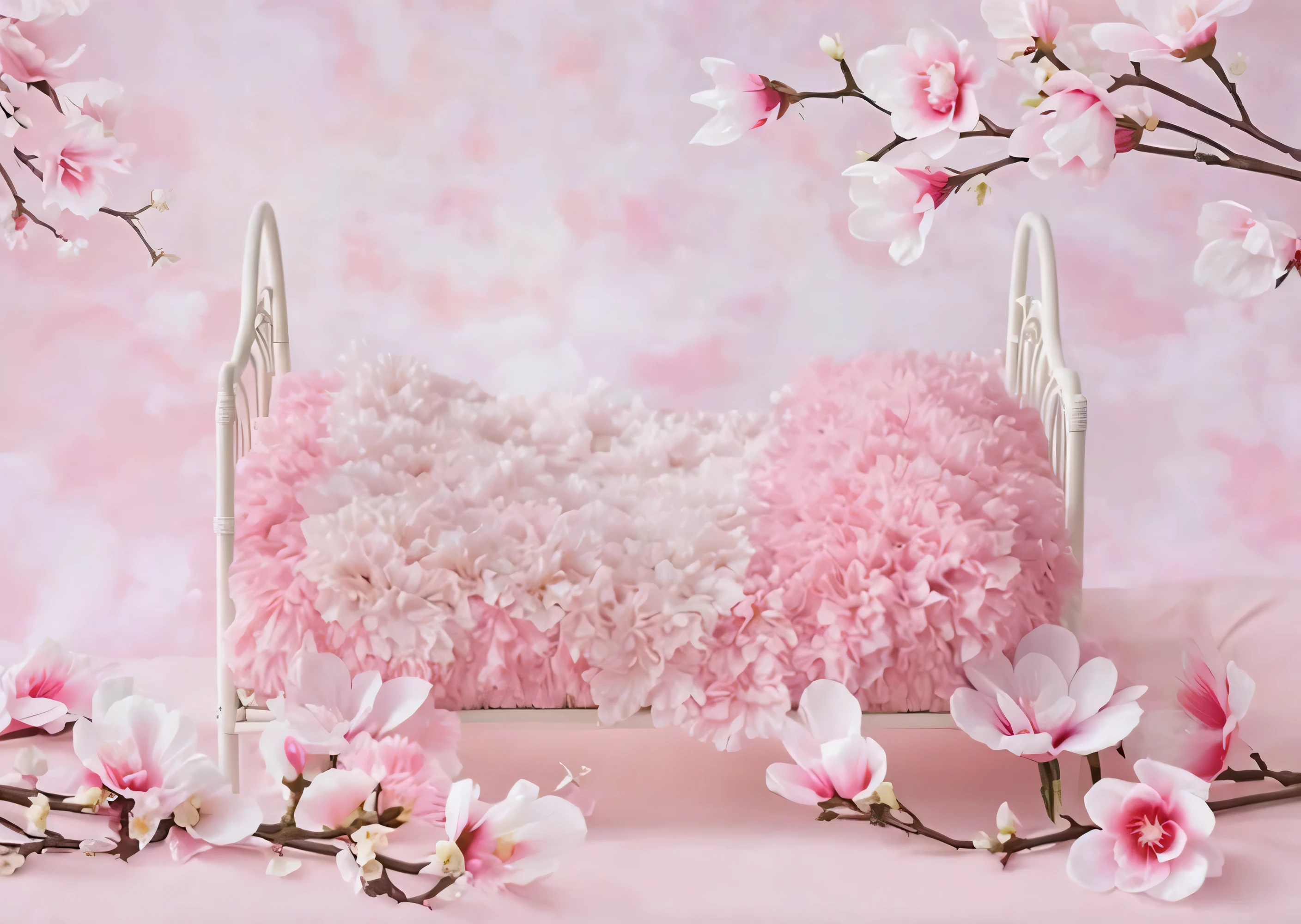 Cama rosa con flores, en colores pastel, Estilo Zen rosa, con colores rosas suaves, Seda fluida de color sakura, Seda Sakura que fluye, Dreamy soft, rosa pastel, ethereal and dreamy theme, lie on white clouds fairyland, rosa cielo, Pedales de flor de cerezo que caen, fondo rosa, flower dream, dream scene