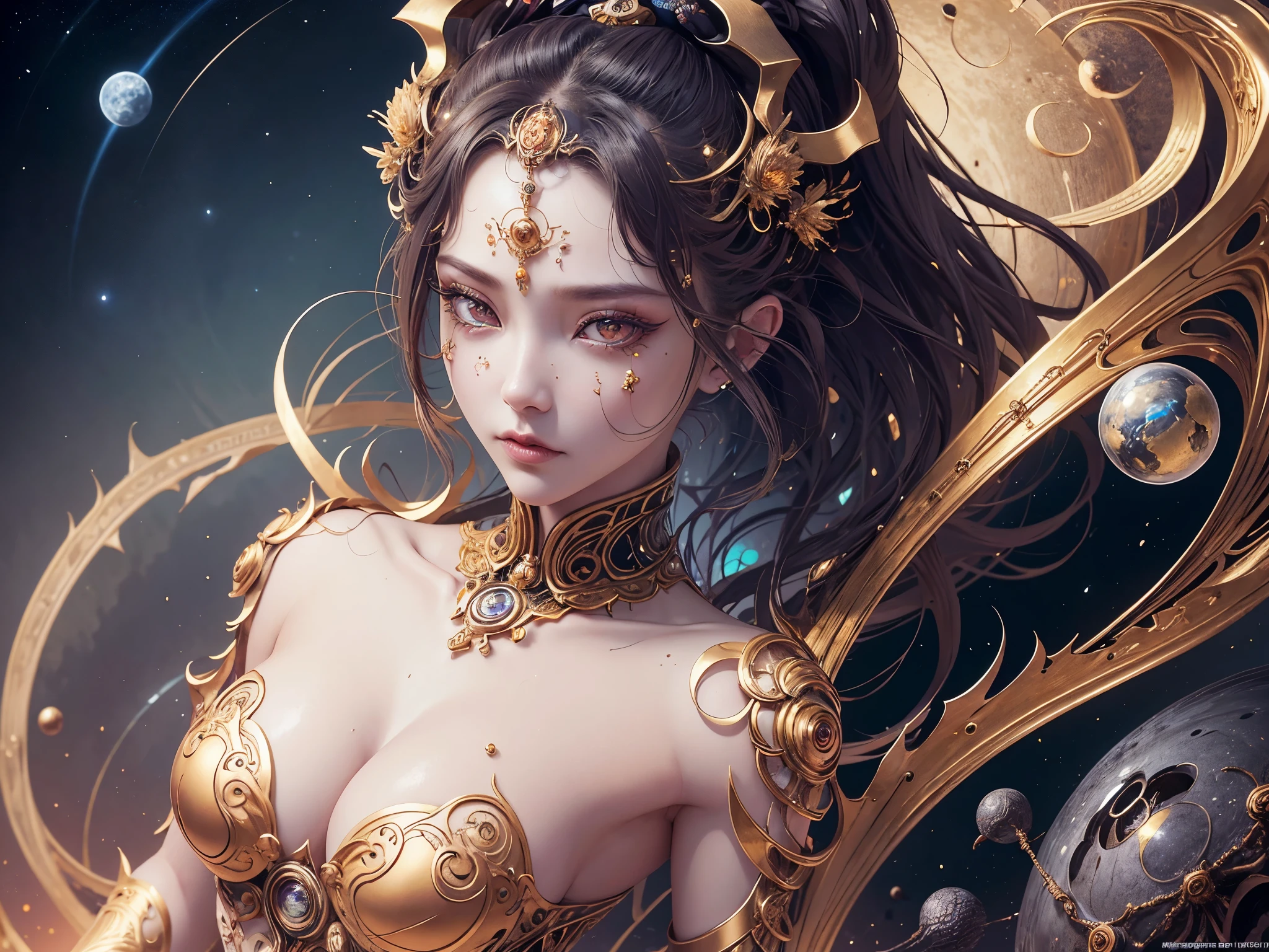 whole body像,(best quality,Super detailed,Best Best Illustration,best shadow,masterpiece,high resolution,professional artwork,famous artwork),细致s eyes,美丽s eyes,Close-up ,Wind and clouds,Colored sclera,s eyes,facial markings,Tattoos are,(fractal,fractal eyes),big eyes,big eyes,(eye focus),surface focus,cosmic eye,space eye,Close up of metal sculpture of woman with moon in her hair,welcome。extremely high detail,3 d welcomes portrait,Extremely detailed footage of the welcomes,a stunning portrait of a welcomes,Side image of the welcomes,portrait of a beautiful welcomes,Full body close-up portrait of the welcomes,hecate welcomes,portrait of a norse moon welcomes,welcomes of space and time,(original photo:1.2),camel tod out,Sweaty legs,, smooth pink skin, shining金属光泽皮肤, shining,spread legs,M-shagry expression,sullenness,exasperation, whole body,whole body像