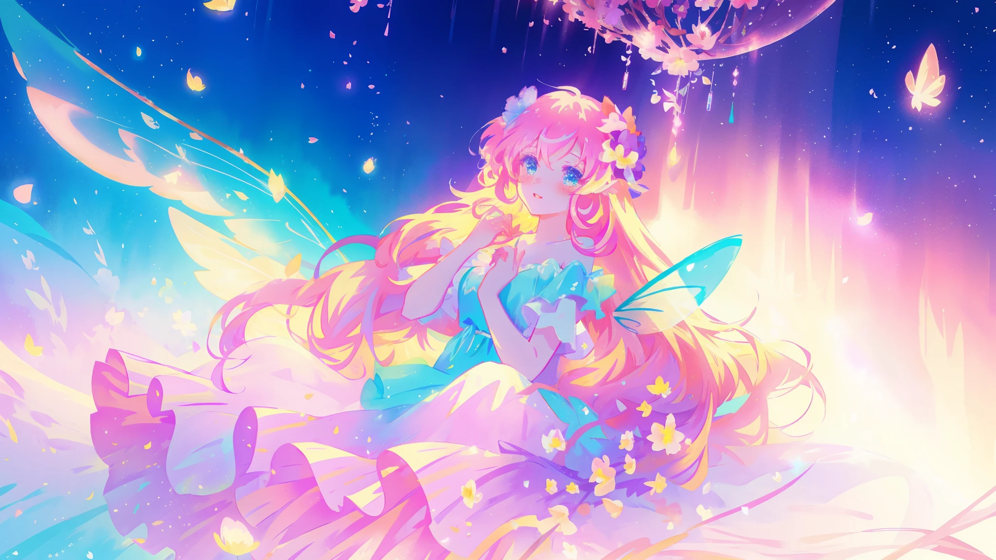 close up of a beautiful fairy girl in tiered gradient ballgown dress, gradient colorful dress, ((layered flower petal skirt)), fairy dress, fairy queen, magical fantasia background, (glowing fairy wings), glowing flowing ballgown, long wavy hair, sparkling fairy wings, watercolor illustration, inspired by Glen Keane, inspired by Lois van Baarle, disney art style, jen bartel, beautiful digital illustration, beautiful, masterpiece, best quality, anime disney style