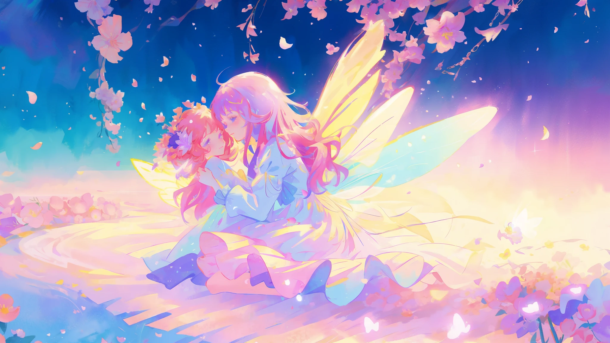 close up of a beautiful fairy girl in tiered gradient ballgown dress, gradient colorful dress, ((layered flower petal skirt)), fairy dress, fairy queen, magical fantasia background, (glowing fairy wings), glowing flowing ballgown, long wavy hair, sparkling fairy wings, watercolor illustration, inspired by Glen Keane, inspired by Lois van Baarle, disney art style, jen bartel, beautiful digital illustration, beautiful, masterpiece, best quality, anime disney style