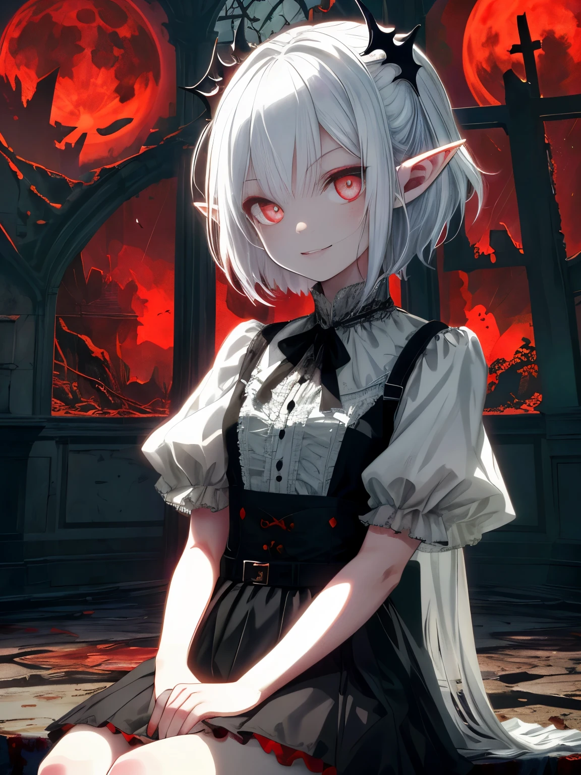 Very detailed wallpaper, Super detailed details, Detailed shadows, Very precise and detailed, Extremely detailed 8K wallpapers, Very beautiful 8KCG wallpaper,an old abandoned church. a boy sits down. His clothes were tattered，There are stains in many places. His short white hair is dull and messy. Light enters through the cracked stained glass windows.There are bat wings on the back.fangs,(best lighting, extremely delicate and beautiful),(best lighting, extremely delicate and beautiful), (Beautiful and delicate face), (Detailed eyes and detailed face:1.2), dark fantasy,  alone, crazy smile, white hair, dynamic angle, vampire), (gaint vampire castle in background),  (red moon, Red sky), Pointy_ear, fangs,, Rain of blood, blood mist, (depth of field), high contrast,  cowboy shooting, whole body，Normal skin color，Elf ears.