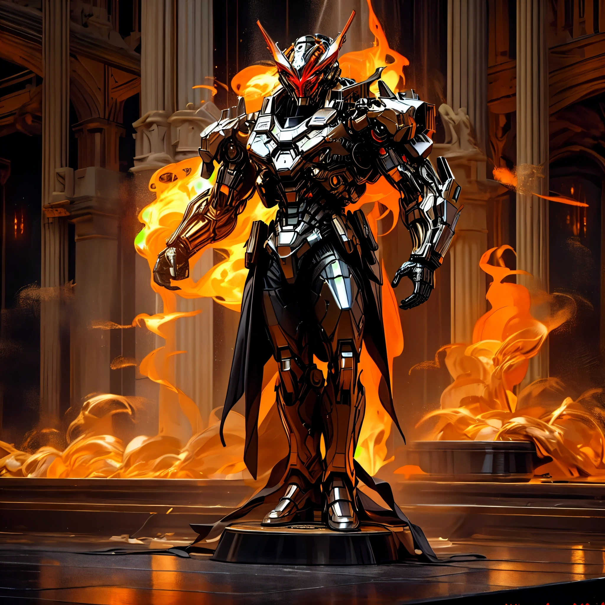 In the grandiose hall of an art exhibition, a sculpture of the Terminator with striking red eyes, meticulously crafted from dark silver metal, captivates the audience. Surrounding the figure, an incandescent tank of molten iron bubbles and sparks, intricately detailed with smoke and flames dancing gracefully at the edges. The atmospheric lighting bathes the scene in vivid, multicolor hues, creating a cinematic masterpiece that is as epic as it is realistic. With an exquisite 8K resolution, every minute detail shines in high definition, from the intricate veins on the Terminator's metallic skin to the dancing fire's