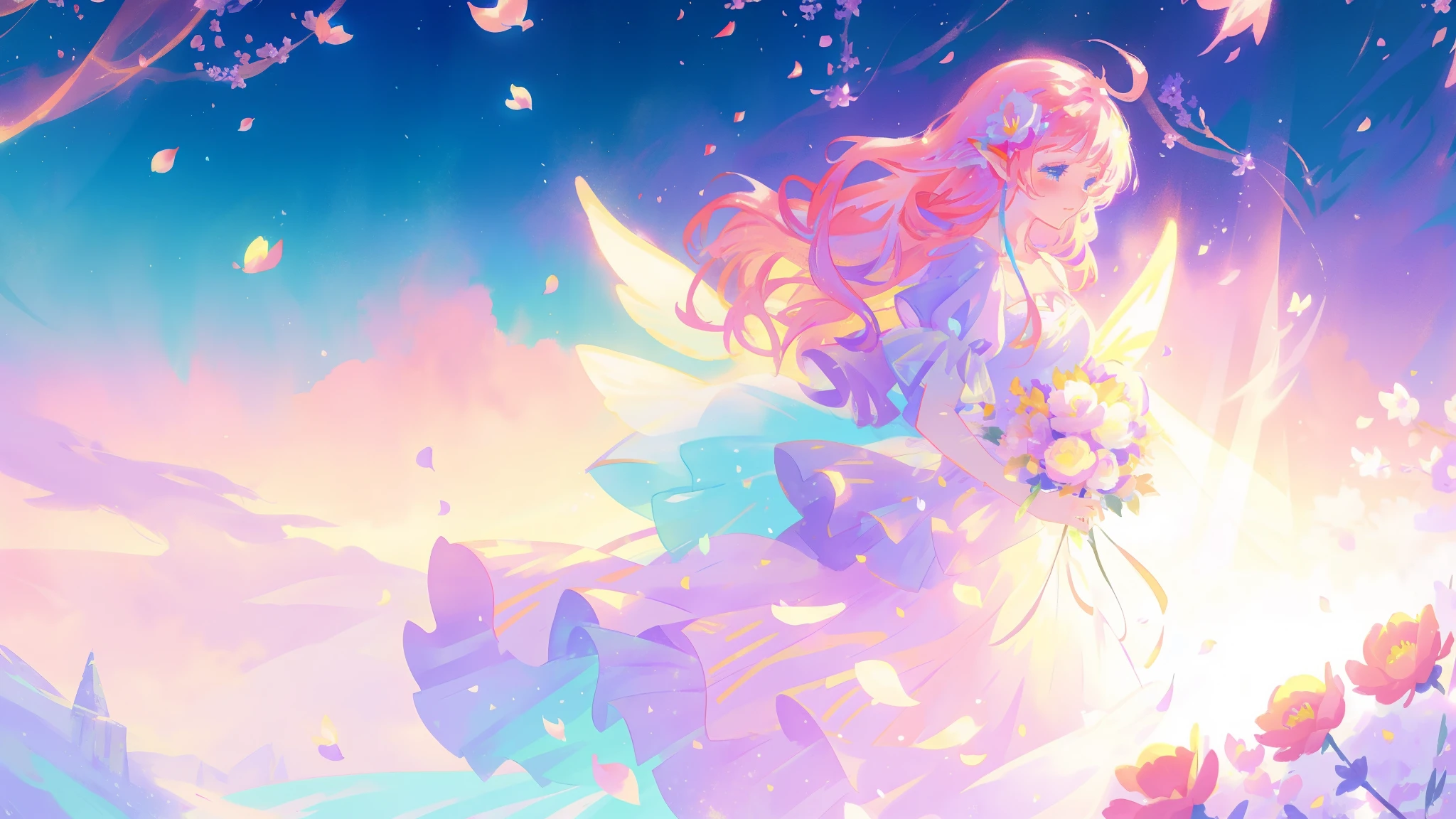close up of a beautiful fairy girl in tiered gradient ballgown dress, gradient colorful dress, ((layered flower petal skirt)), fairy dress, fairy queen, magical fantasia background, (glowing fairy wings), glowing flowing ballgown, long wavy hair, sparkling fairy wings, watercolor illustration, inspired by Glen Keane, inspired by Lois van Baarle, disney art style, jen bartel, beautiful digital illustration, beautiful, masterpiece, best quality, anime disney style