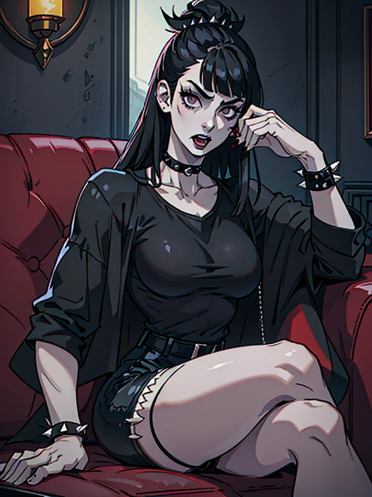 Goth Woman, pale skin, black lipstick, long straight black hair with bangs, choker with spikes, black clothes, big breasts, thin waist, wide hips, attractive face, black t-shirt, black shorts, spiked bracelet, talking on a cell phone, open mouth talking, on a cell phone call, sitting on the sofa