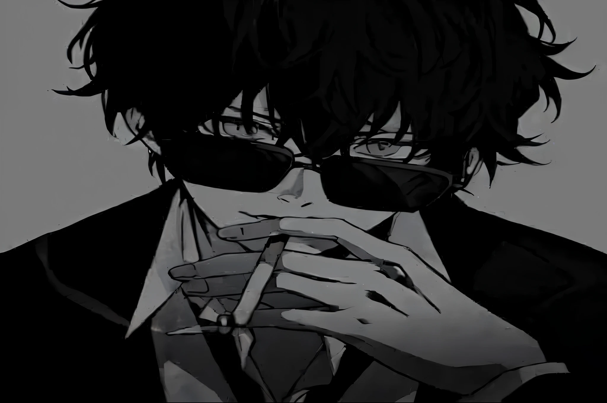 a black and white photo of a man with sunglasses smoking a cigarette, gendo ikari smoking a joint, inspired by Okumura Masanobu, kentaro miura manga art style, inspired by Okumura Togyu, handsome anime pose, kentaro miura art style, style of kentaro miura!!!!, miura kentaro style