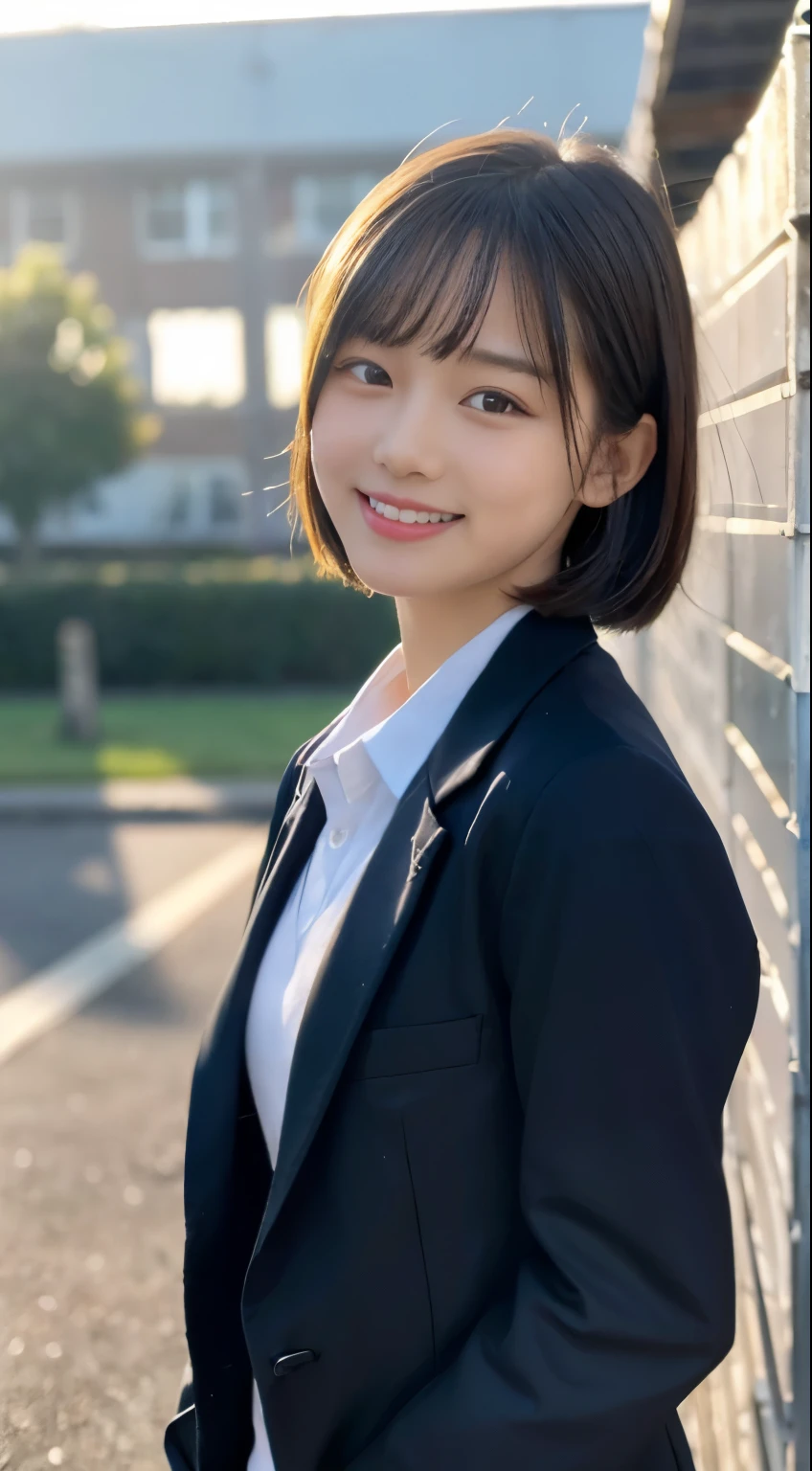 (highest quality,8K quality,masterpiece:1.3),(Super high resolution,Photoreal:1.4,Raw photo),(super detailed,caustics,detailed background),(ultra-realistic capture,Beautifully detailed skin,perfect anatomy),at dusk,sunset sky,school building,schoolyard,18-year-old,cute,single eyelid,black short bob,School Blazer Uniform,look at the camera,laughter,bust up shot,natural soft light