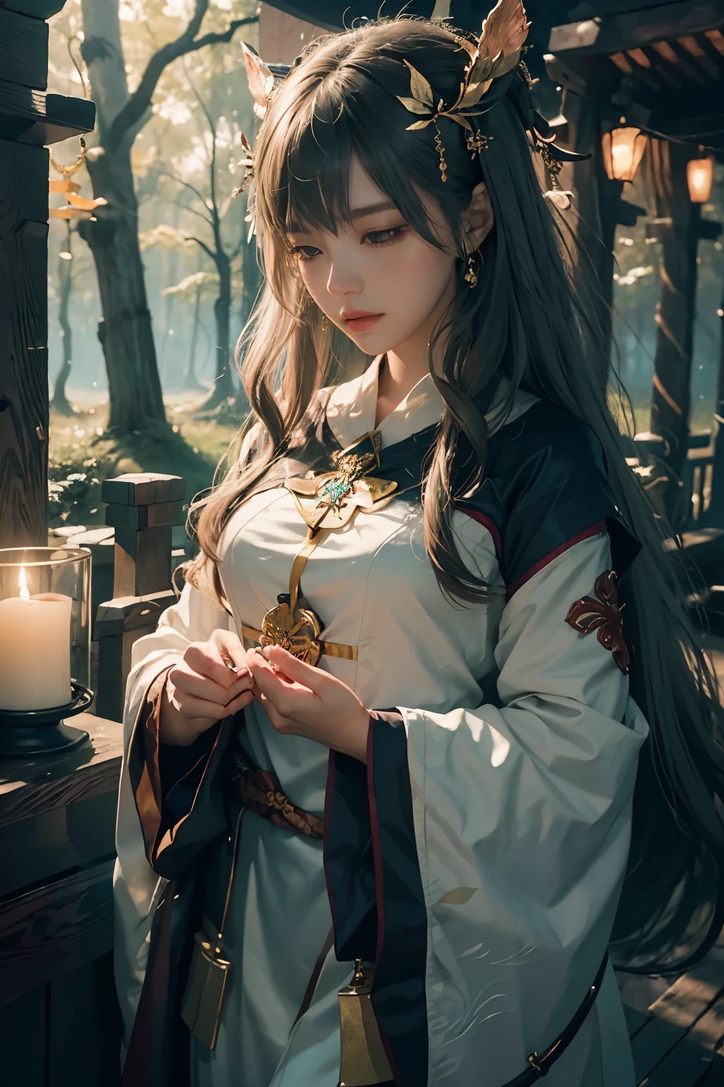 (1girl:1.3),solo,__body-parts__,
official art, unity 8k wallpaper, ultra detailed, beautiful and aesthetic, beautiful, masterpiece, best quality,Fantastical Atmosphere, Calming Palette, Tranquil Mood, Soft Shading,
Miko priestess, charm spell, talisman familiar, shrine maiden duties,