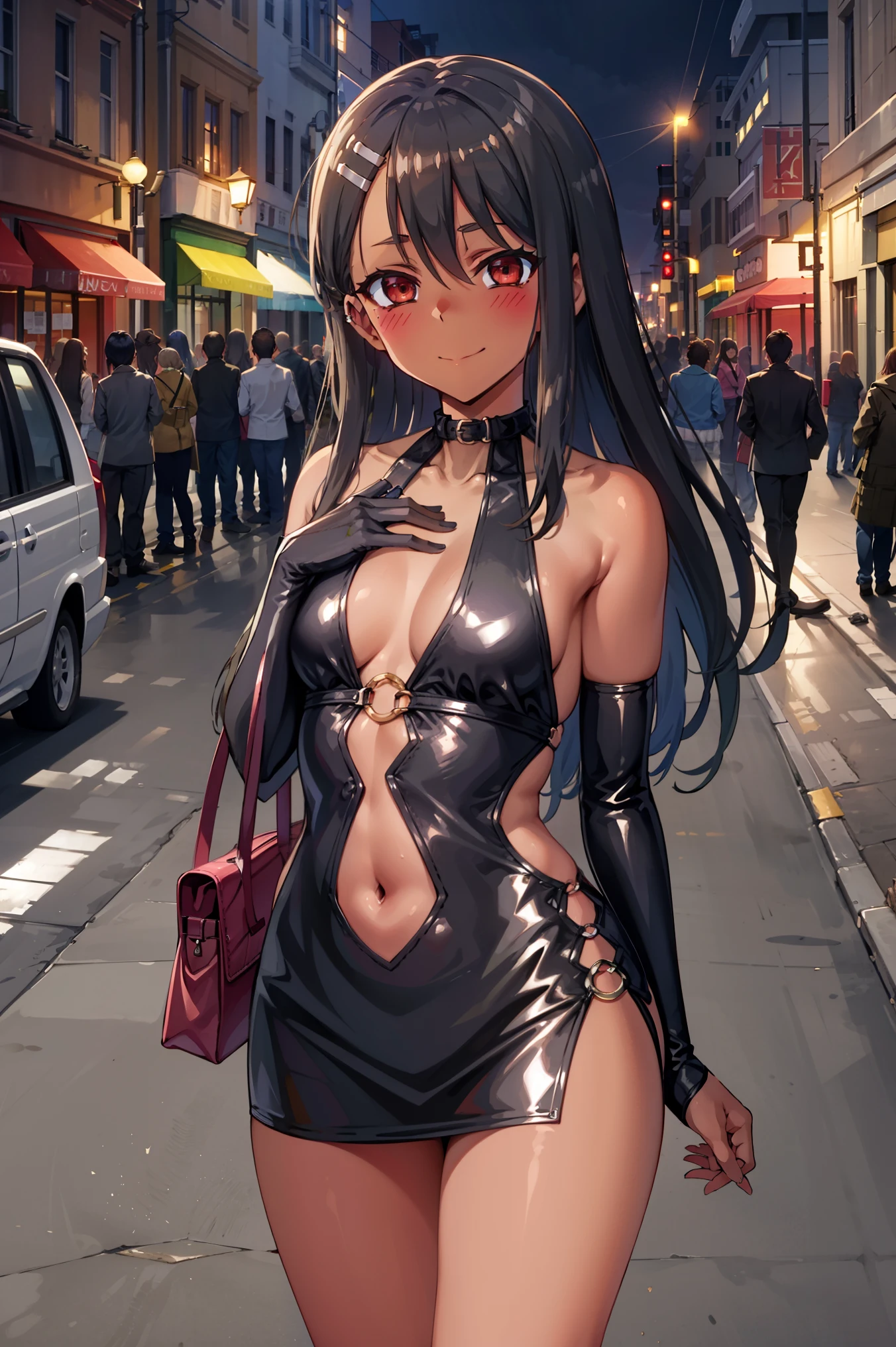 Eft_Nagatoro_Main, nagatoro hayase, 1girl, blush, solo, black hair, bag, brown eyes, hair ornament, looking at viewer, hairclip, outdoors, smirk, long hair, white shirt, dark-skinned female, (dark skin:1.2), (dark-skinned female:1.2), microdress, bodycon, o-rings, miniskirt, waist cutout, bangs, day, collarbone, earclip, bare shoulders, elbow gloves, asymmetrical bangs, upper body