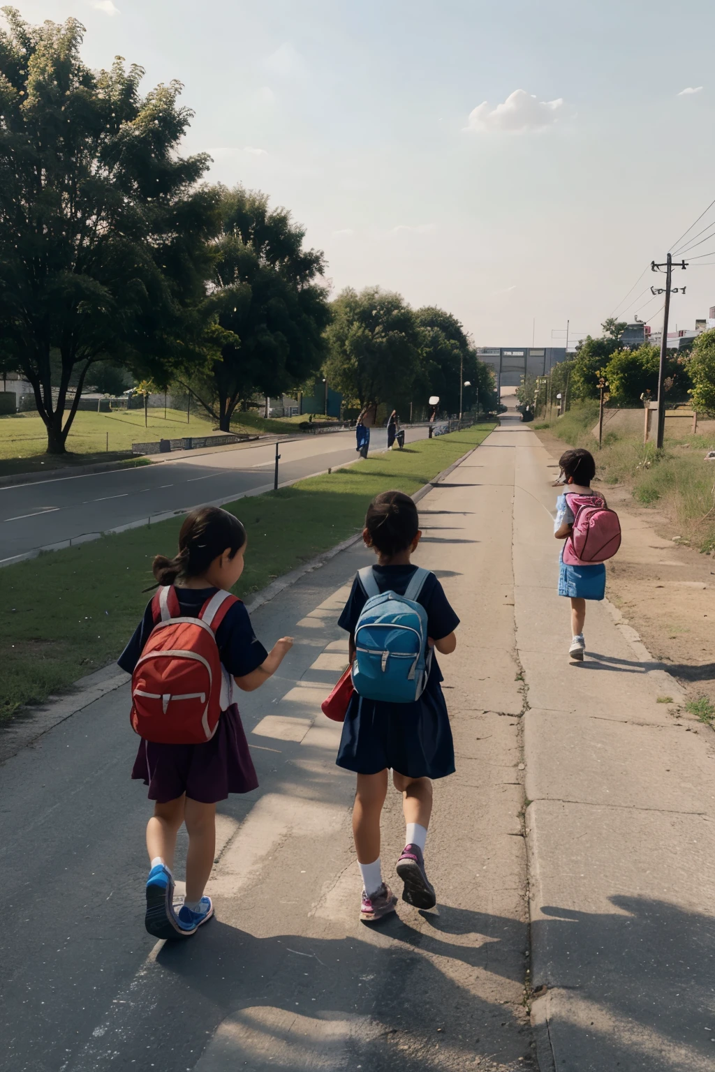 Group of kindergarten students Walk to school on the road near the river. All the children carried bags and water bottles and walked around talking and laughing.