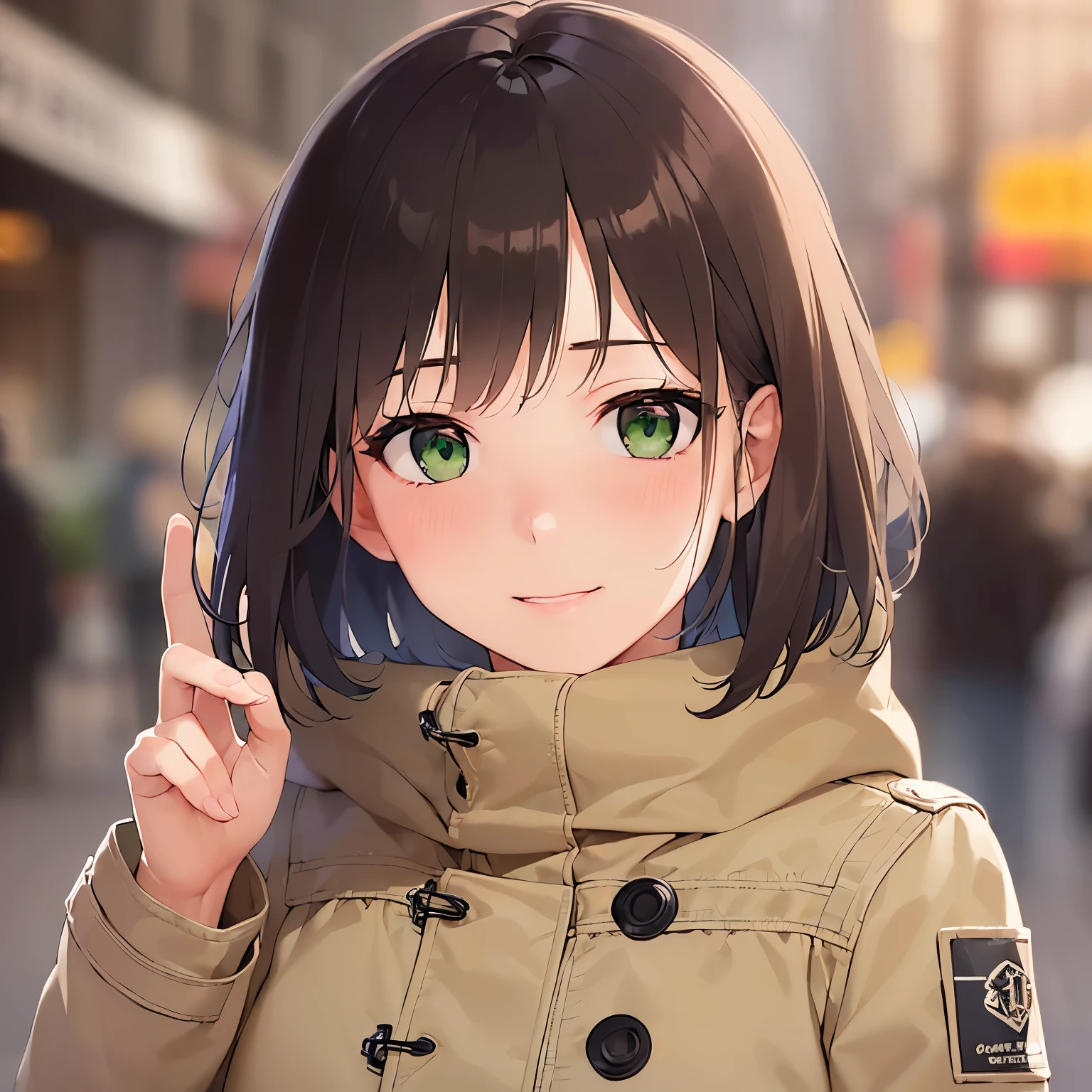 (looking away:1.5), pointing、cowboy shot,, Realistic, real person, RAW photo, photorealistic, portrait photography, shiny skin, japanese idol、(前髪がある20歳の女性), (green eyes:1.5) and (brown hair) and (bob cut) and (wavy hair), 、(beige Down Jacket:1.5)、黒いタートルネックセーター、smile, (blush:1.3), 一人きり、背景は百貨店
