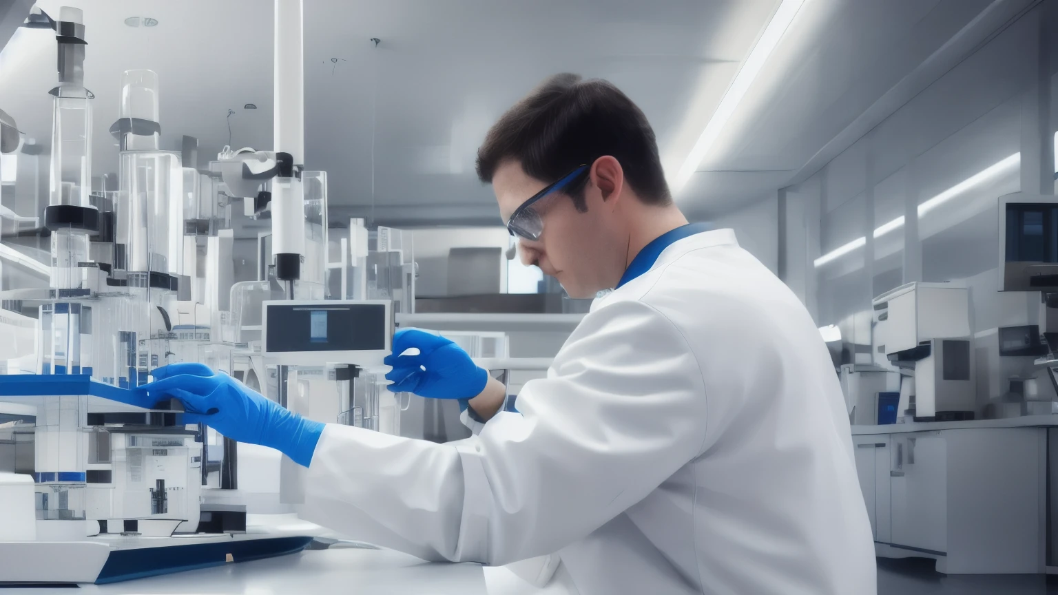 A scientist in a white coat works diligently in a futuristic laboratory. The room is dominated by sleek, metallic equipment and glowing panels, all blurred to create a sense of technological wonder. The scientist's focused expression adds an air of mystery and intrigue.