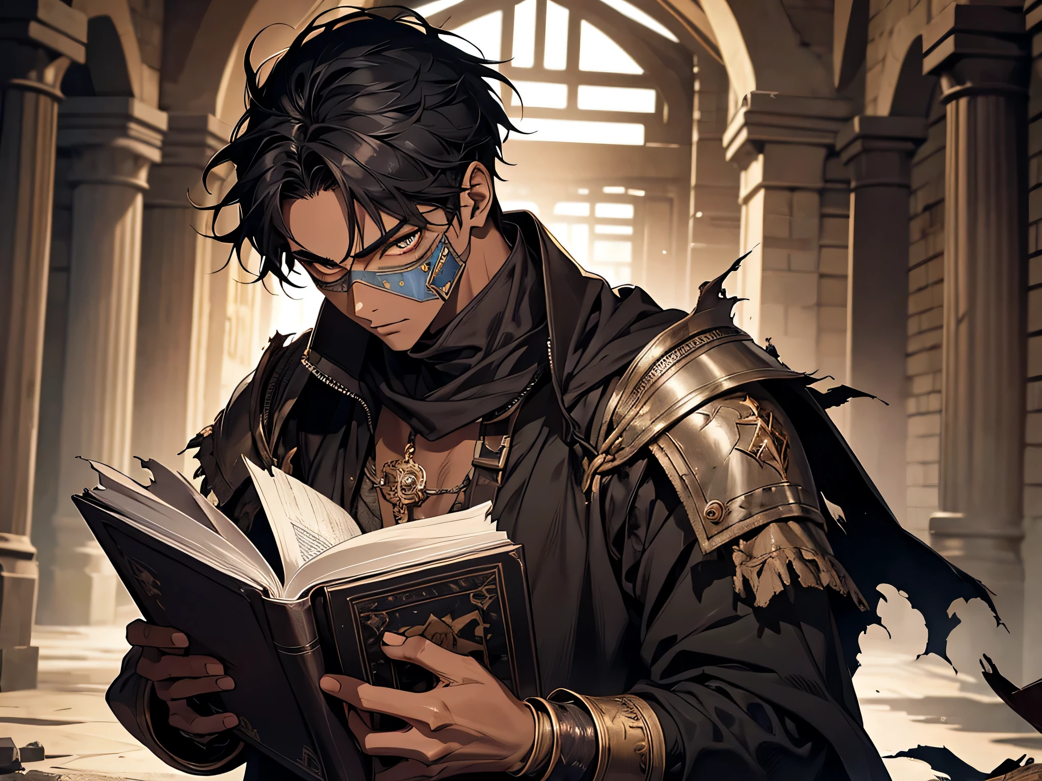 thin young man, dark skin wearing mask, slavery, this man is a slave, black hair, medieval times, torn clothes, ragged oversized clothes, bruised, punch scars, bloody face, reading a book, imprisoned