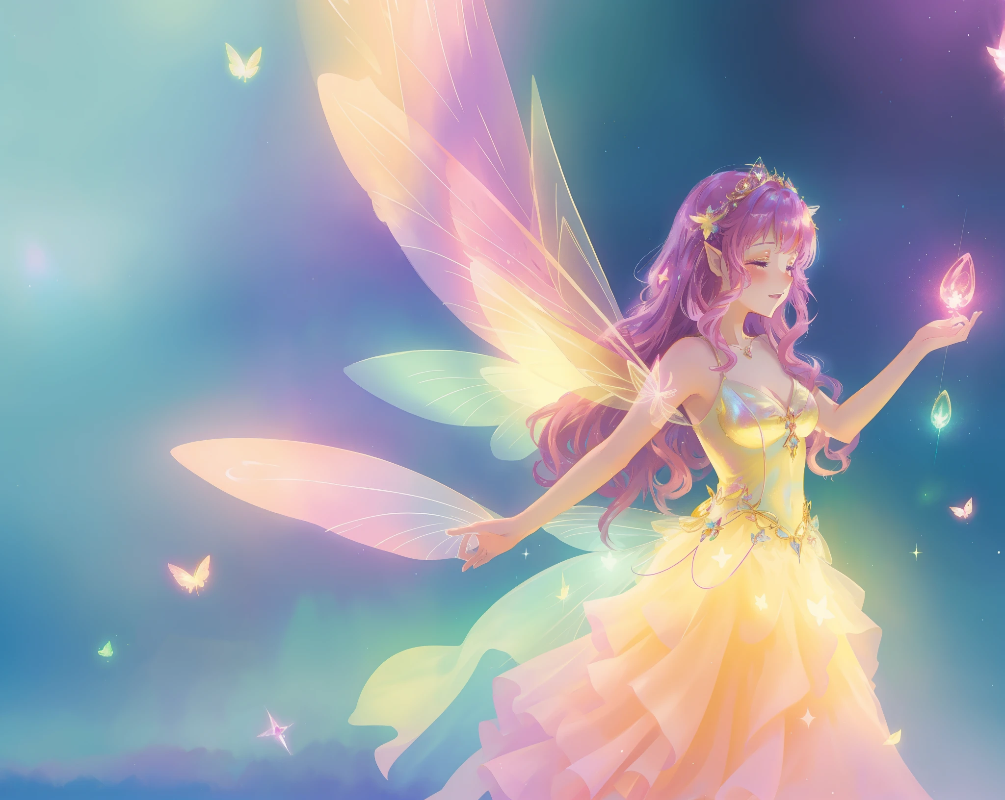 beautiful fairy girl in fluttering yellow dress, layered sparkling fairy dress, (huge sparkling pink fairy wings), long dark purple hair, fairy queen, ((magical colorful otherworldly background)), colorful fantasia background, (glowing fairy wings), glowing flowing ballgown, long hair, sparkling fairy wings, watercolor illustration, glowing aura around her, glowing lights, beautiful digital illustration, fantasia otherworldly background, beautiful, (masterpiece), best quality