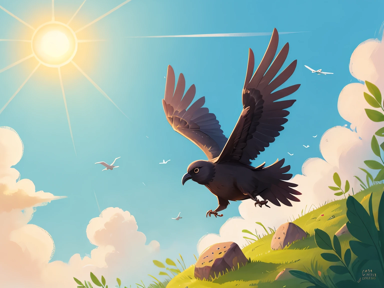 a flying crow,close up,sun,Sky,illustration