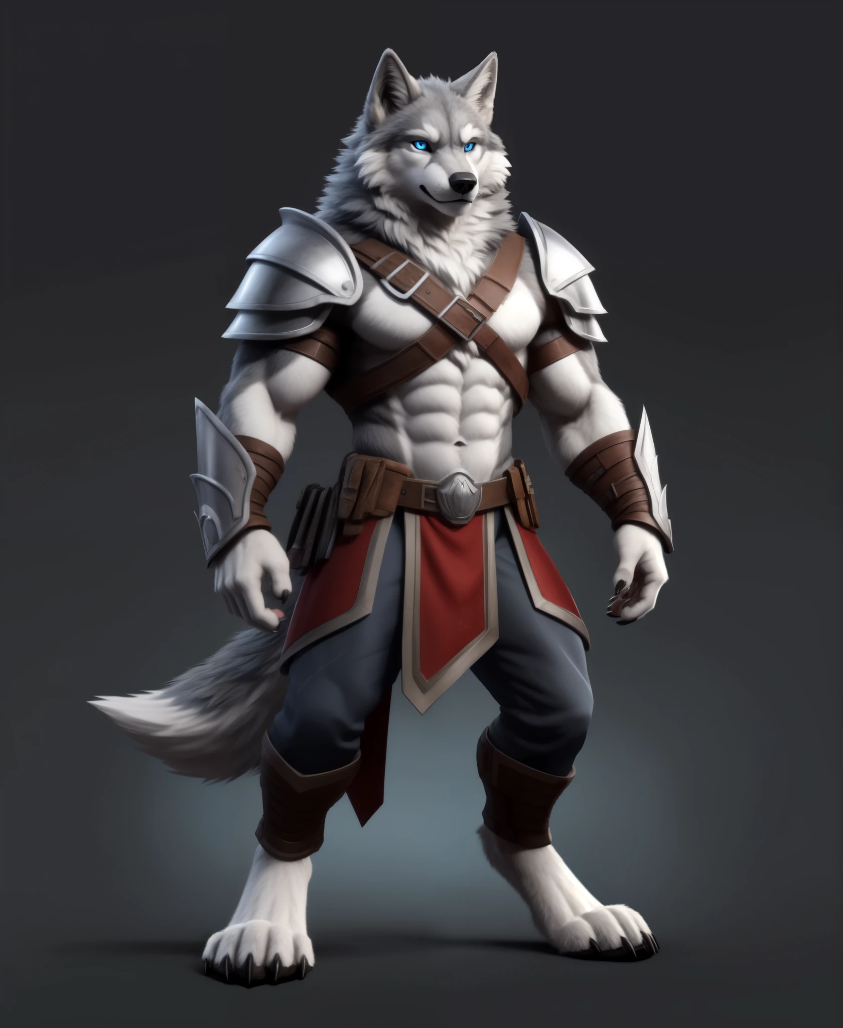 (character_design), concept art, model sheet, anthro, canid, mammal, canine, solo, armor, male, wolf, fur, claws, canis, hi res, standing, fingers, blue eyes, muscular anthro, muscular, were, clothing, muscular male, werecanid, 5 fingers, white body, digital media (artwork), simple background, white fur, black nose, grey body, front view, biped, pauldron, grey fur