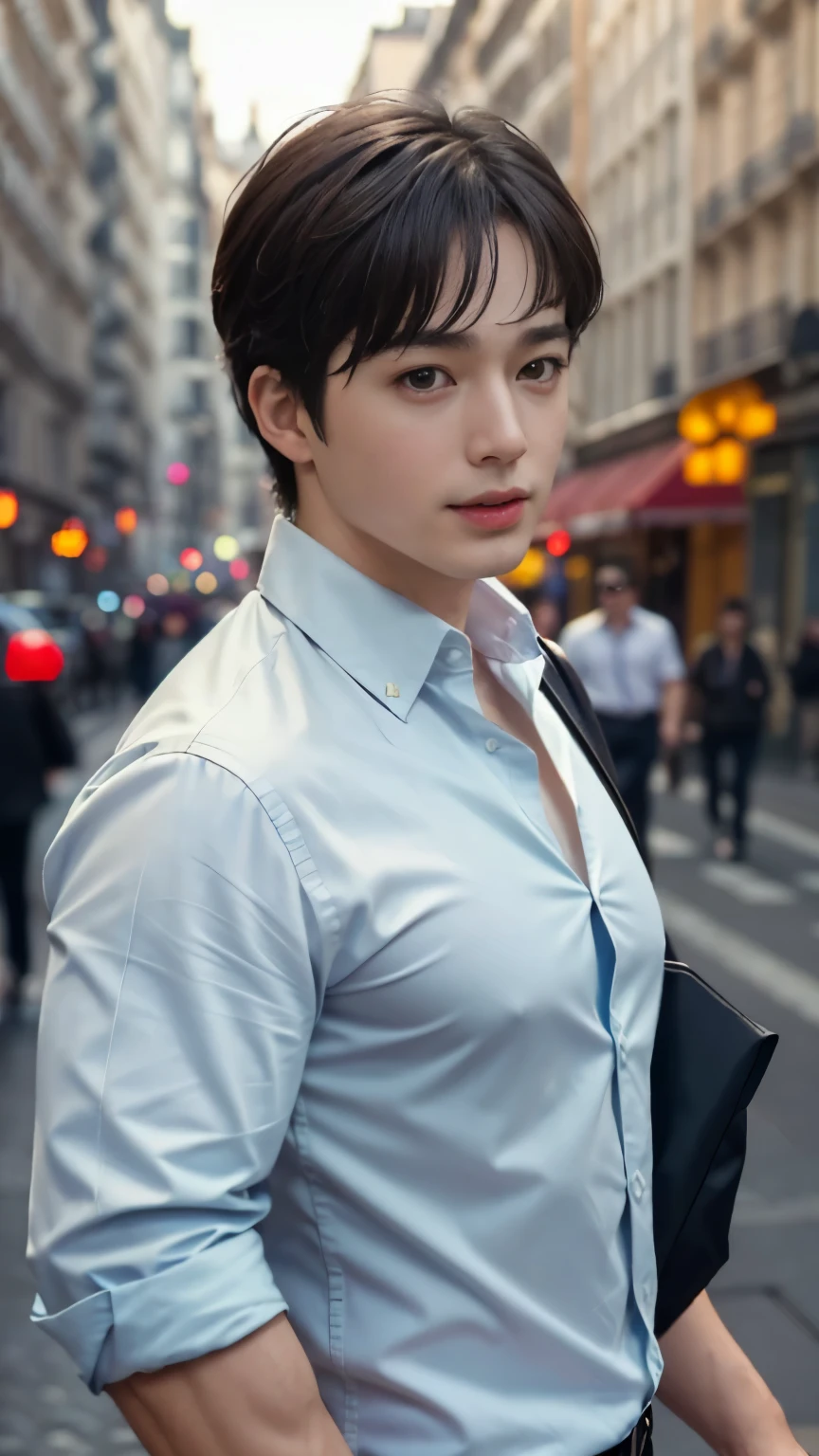 boy, Happy, perfect quality, clear focus (Clutter - Home: 0.8), (masterpiece: 1.2) (realistic: 1.2) (Bokeh) (highest quality) (detail skin: 1.3) (intricate details) (8K) (detail eye) (sharp focus), (Happy) whole body, pretty background, long field configuration, 85mm shot, muscle, masculine,boy1人, Streets of Paris,shirt