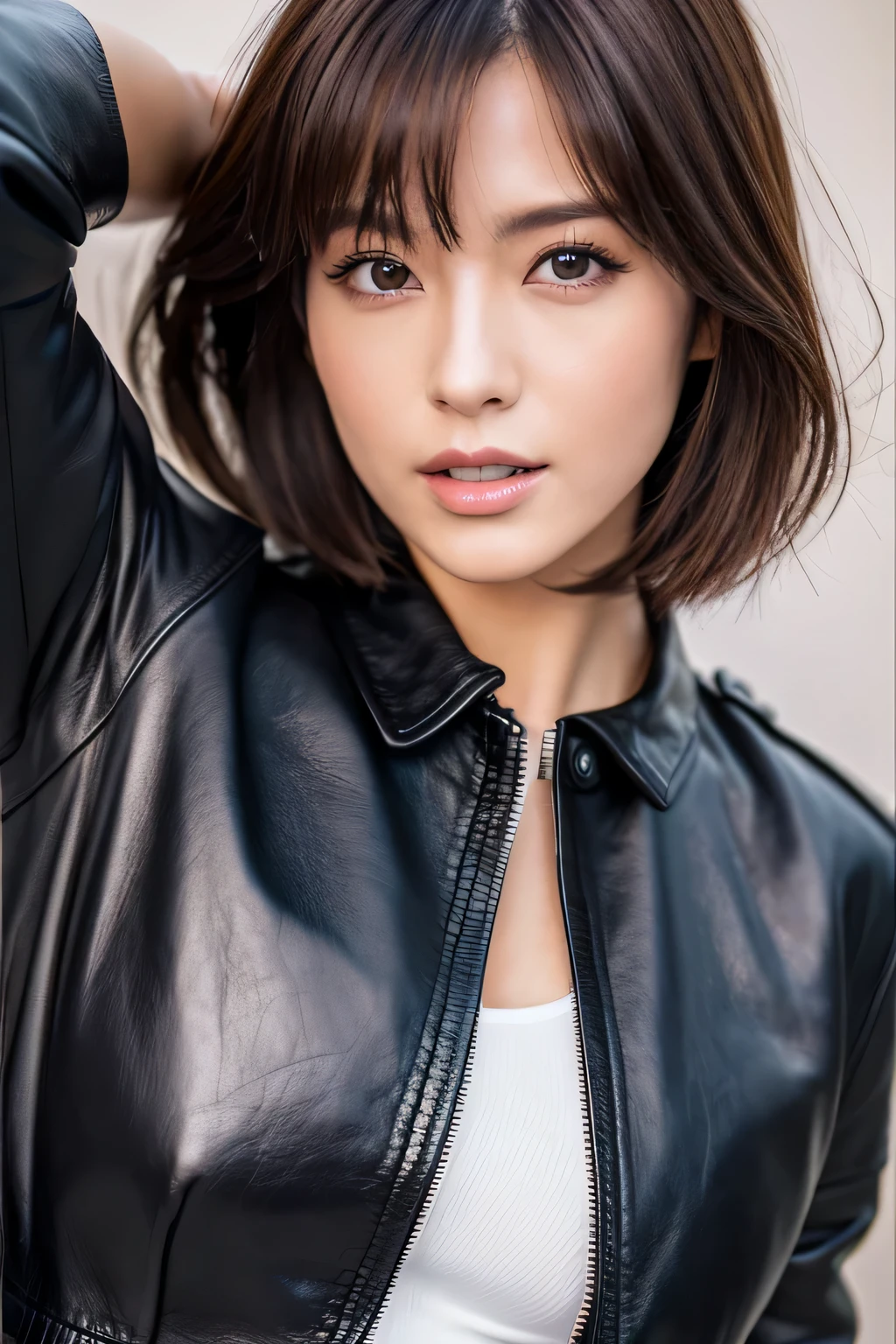 highest quality, 8K, 32K, masterpiece, UHD: 1.3), pictures of attractive japanese women, one girl, (whole body : 1.0), abs, perfect body, (leather jacket:1.0),(skirt:1.1),(boots:1.0),super detailed face, detailed lips, fine eyes, double eyelid,short hair,messy hair,