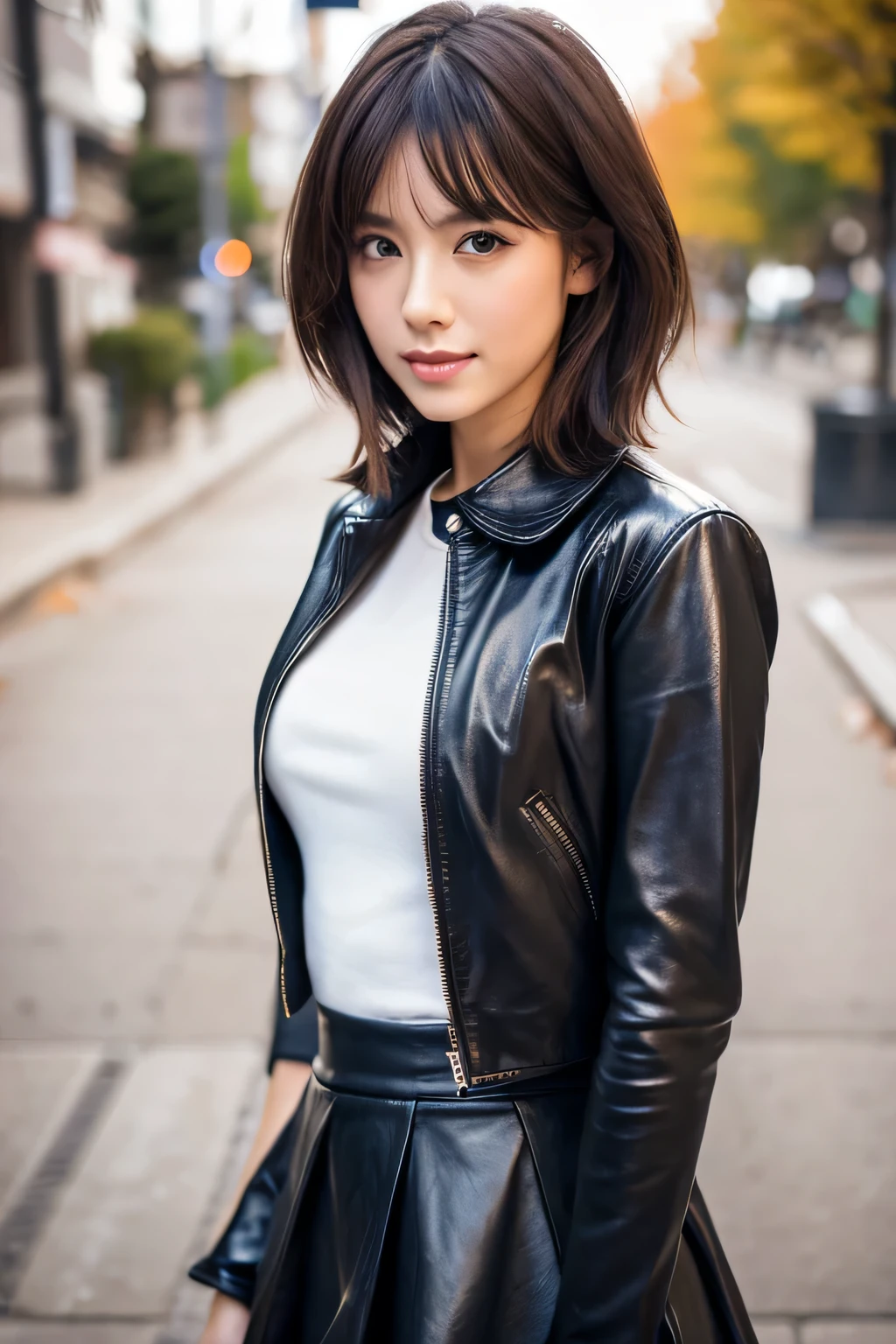 highest quality, 8K, 32K, masterpiece, UHD: 1.3), pictures of attractive japanese women, one girl, (whole body : 1.0), abs, perfect body, (leather jacket:1.0),(skirt:1.1),(boots:1.0),super detailed face, detailed lips, fine eyes, double eyelid,short hair,messy hair,
