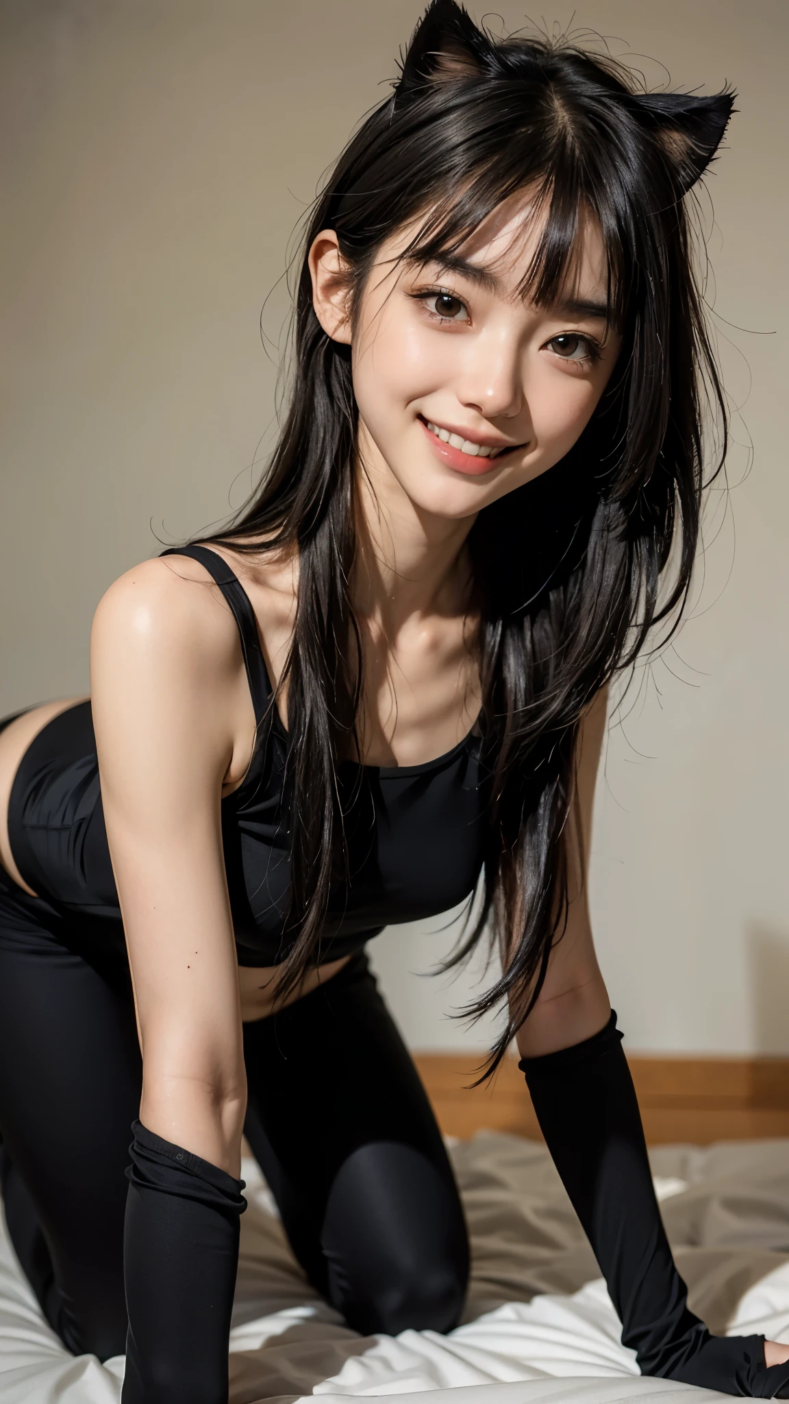 highest quality, masterpiece, ultra high resolution, (realistic:1.4), (close portrait) RAW photo, 1 girl, 22 years old,slender body,small breasts,((crawl on all fours)),back view,Buttocks,lewd expression,((tight black suit)),cat ear headband,((long hair with straight bangs)),((Pulling up your hair)),((looking up at the viewer)), realistic pictures, ((Medium chest)),((toothy smile)),