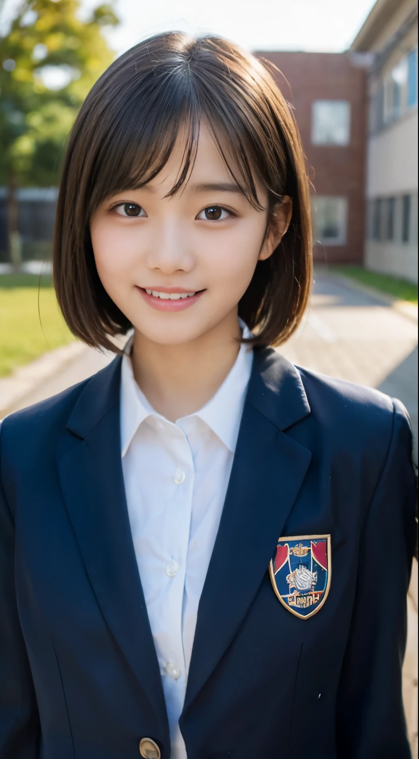 (highest quality,8K quality,masterpiece:1.3),(Super high resolution,Photoreal:1.4,Raw photo),(super detailed,caustics,detailed background),(ultra-realistic capture,Beautifully detailed skin,perfect ???????),at dusk,sunset sky,school building,schoolyard,18-year-old,cute,single eyelid,black short bob,School Blazer Uniform,look at the camera,laughter,bust up shot,natural soft light
