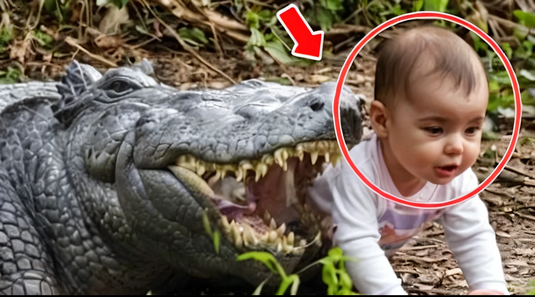 婴儿在大alligators旁边的地面上爬行的特写,alligators的嘴张开想要咬住婴儿, Very scary photo, The scariest creature, , very disturbing, Real photos of the zoo, Surreal!!!, very creepy, viral photos, very terrible, cursed photography, very close to real nature,alligators,Baby wants to cry face