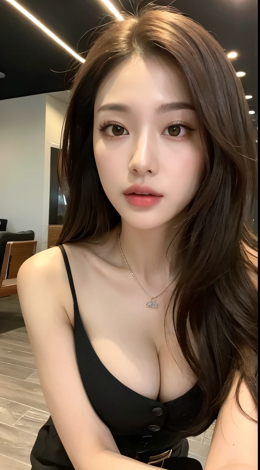 (highest quality, High resolution, masterpiece :1.3), A tall and pretty woman, thin abs, Loose wavy dark brown hair,chest, Show me the cleavage,crawl on all fours,Hand on the floor,put your knees on the ground,wear a pendant, White button-up shirt, belt, black skirt, (Modern architecture in background), Precisely expresses details such as face and skin texture, fine eyes, double eyelid