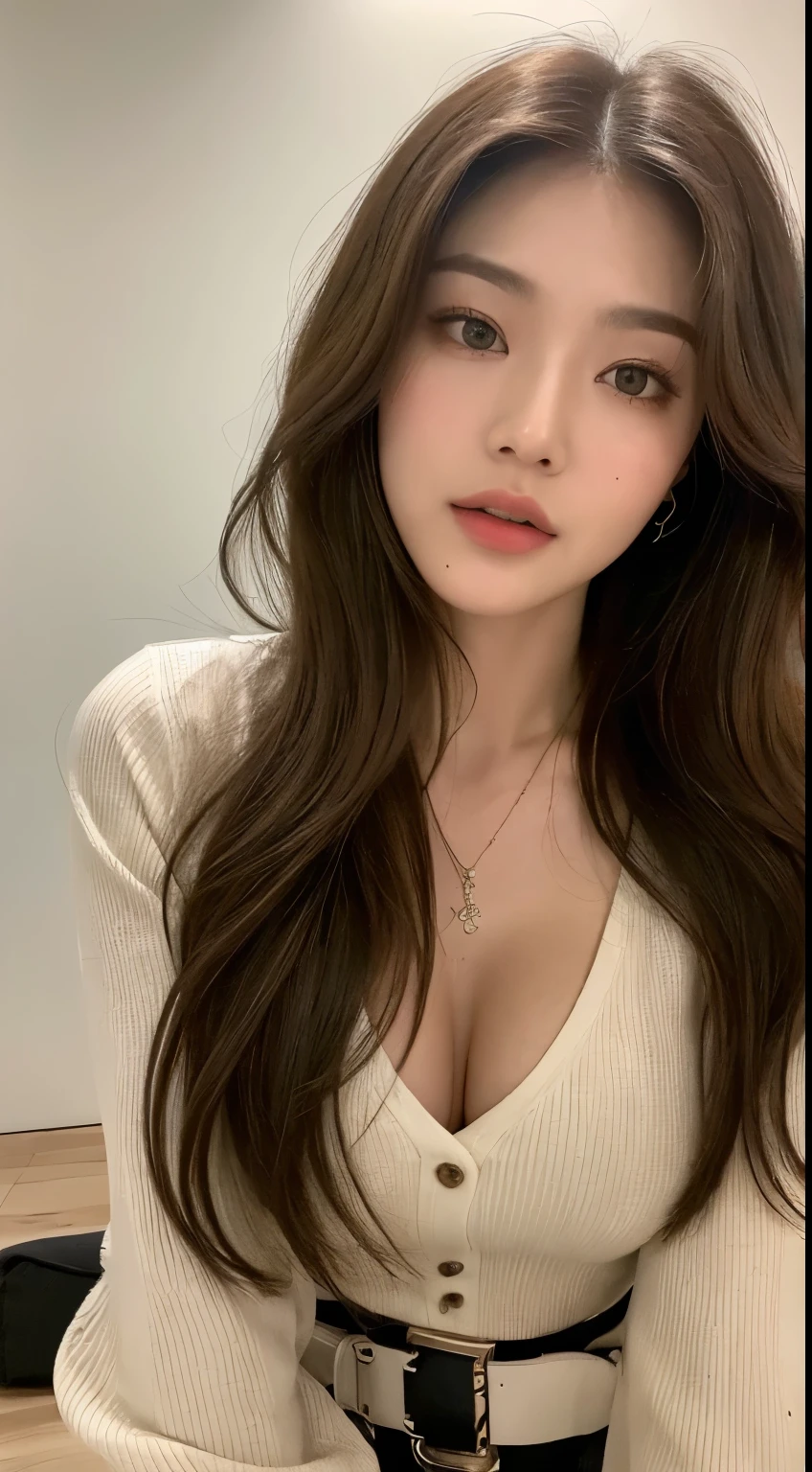 (highest quality, High resolution, masterpiece :1.3), A tall and pretty woman, thin abs, Loose wavy dark brown hair,chest, Show me the cleavage,crawl on all fours,Hand on the floor,put your knees on the ground,wear a pendant, White button-up shirt, belt, black skirt, (Modern architecture in background), Precisely expresses details such as face and skin texture, fine eyes, double eyelid