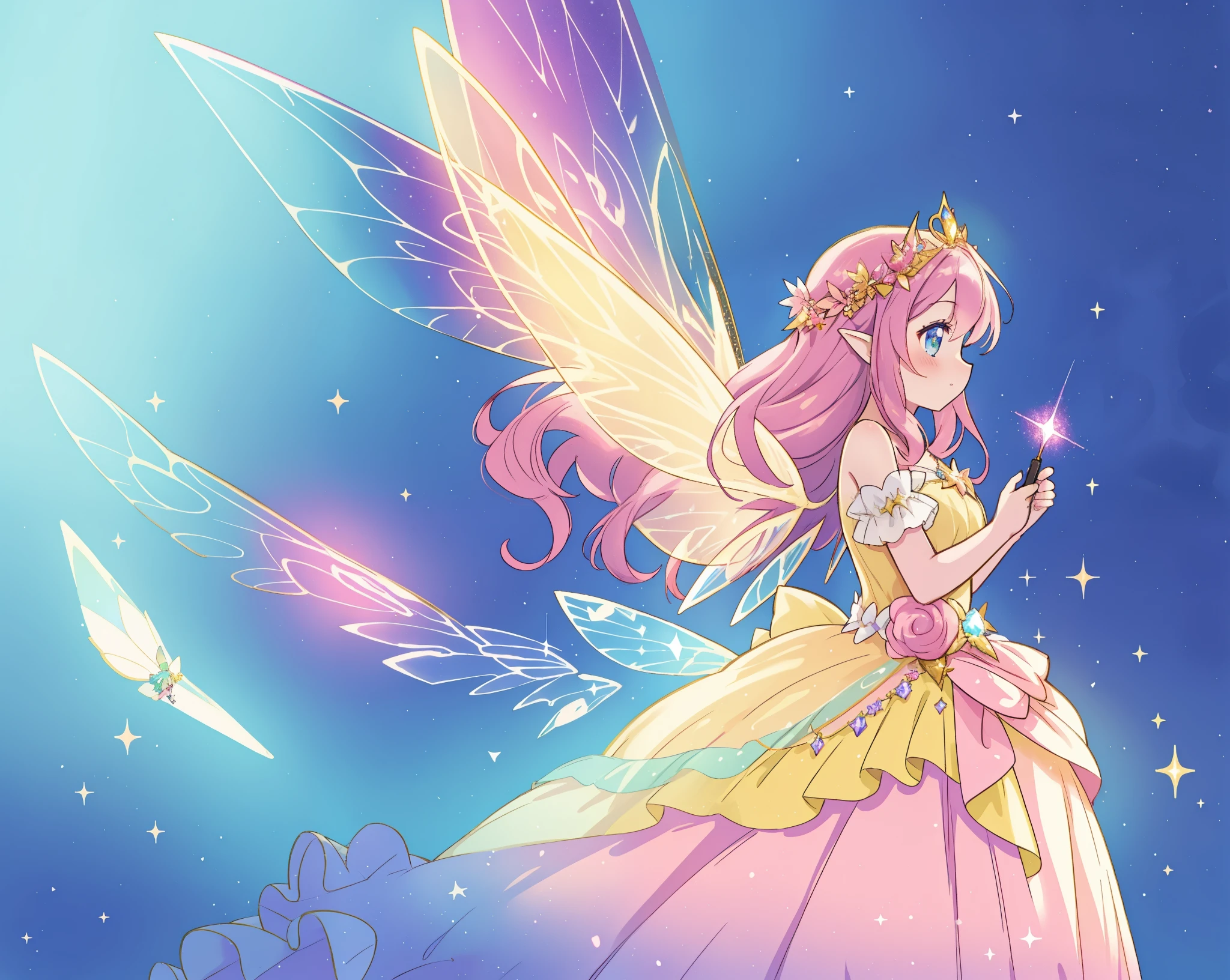 beautiful fairy girl in fluttering yellow dress, layered sparkling fairy dress, (huge sparkling pink fairy wings), long dark purple hair, fairy queen, ((magical colorful otherworldly background)), colorful fantasia background, (glowing fairy wings), glowing flowing ballgown, long hair, sparkling fairy wings, watercolor illustration, glowing aura around her, glowing lights, beautiful digital illustration, fantasia otherworldly background, beautiful, (masterpiece), best quality