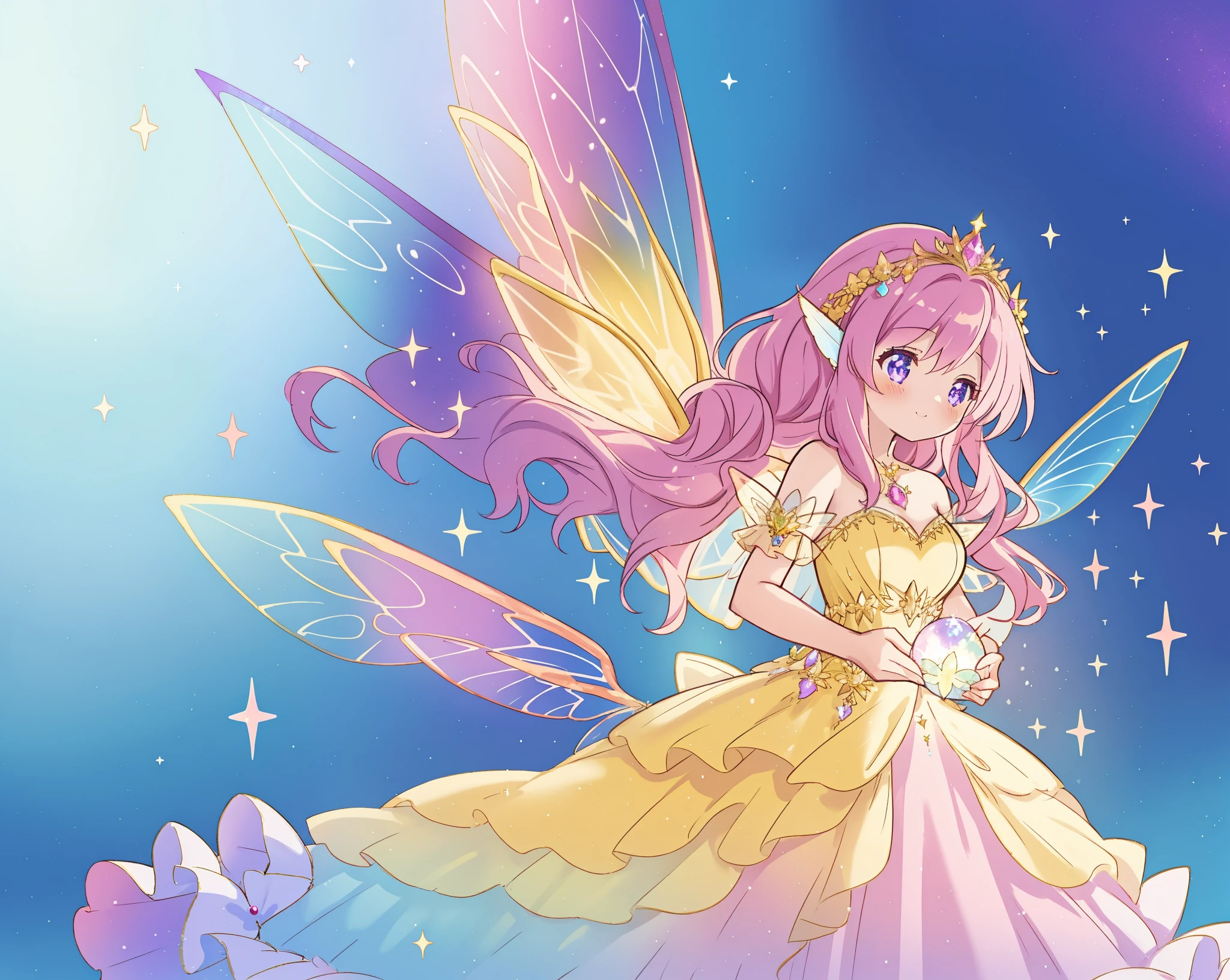 beautiful fairy girl in fluttering yellow dress, layered sparkling fairy dress, (huge sparkling pink fairy wings), long dark purple hair, fairy queen, ((magical colorful otherworldly background)), colorful fantasia background, (glowing fairy wings), glowing flowing ballgown, long hair, sparkling fairy wings, watercolor illustration, glowing aura around her, glowing lights, beautiful digital illustration, fantasia otherworldly background, beautiful, (masterpiece), best quality