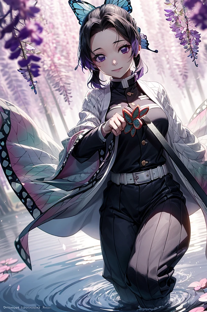 Extremely detailed and high-resolution masterpiece of Kocho Shinobu, the beautiful and deadly Demon Slayer in dynamic action. Add emphasis on the intricate details of her butterfly-themed outfit and the fierce expression on her face. Set the scene on a sunny day, with a serene pond and cherry blossom petals in the background. Use rich colors and volumetric light to create a sense of ethereal beauty and power.