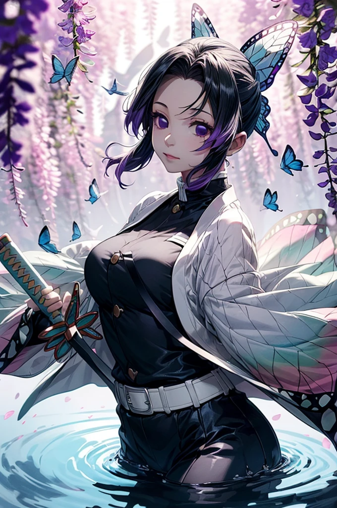 Extremely detailed and high-resolution masterpiece of Kocho Shinobu, the beautiful and deadly Demon Slayer in dynamic action. Add emphasis on the intricate details of her butterfly-themed outfit and the fierce expression on her face. Set the scene on a sunny day, with a serene pond and cherry blossom petals in the background. Use rich colors and volumetric light to create a sense of ethereal beauty and power.