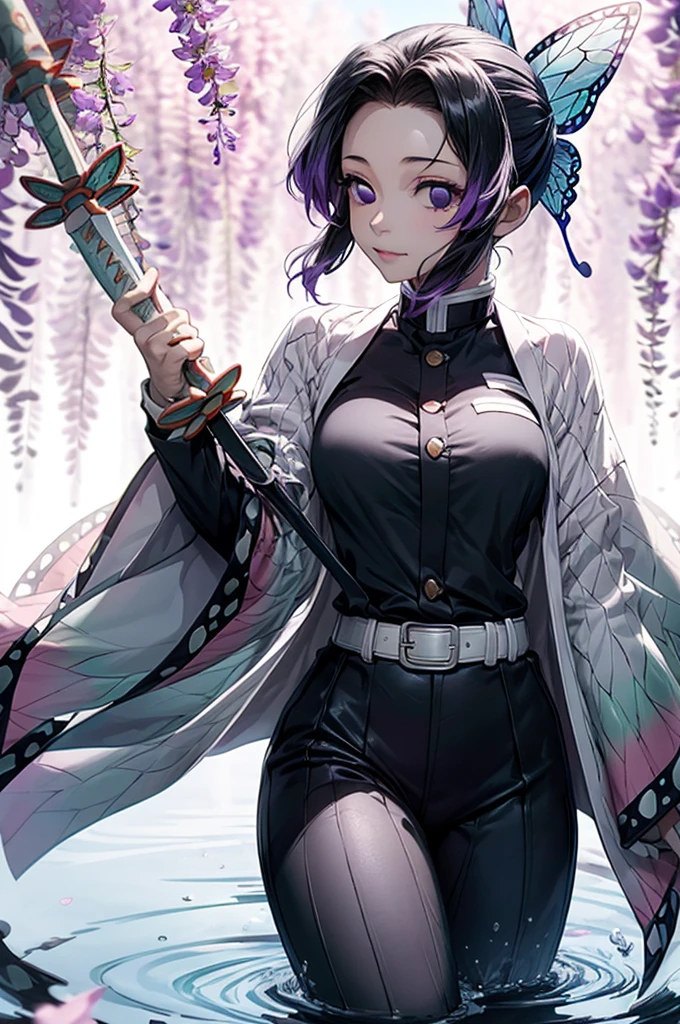 Extremely detailed and high-resolution masterpiece of Kocho Shinobu, the beautiful and deadly Demon Slayer in dynamic action. Add emphasis on the intricate details of her butterfly-themed outfit and the fierce expression on her face. Set the scene on a sunny day, with a serene pond and cherry blossom petals in the background. Use rich colors and volumetric light to create a sense of ethereal beauty and power.