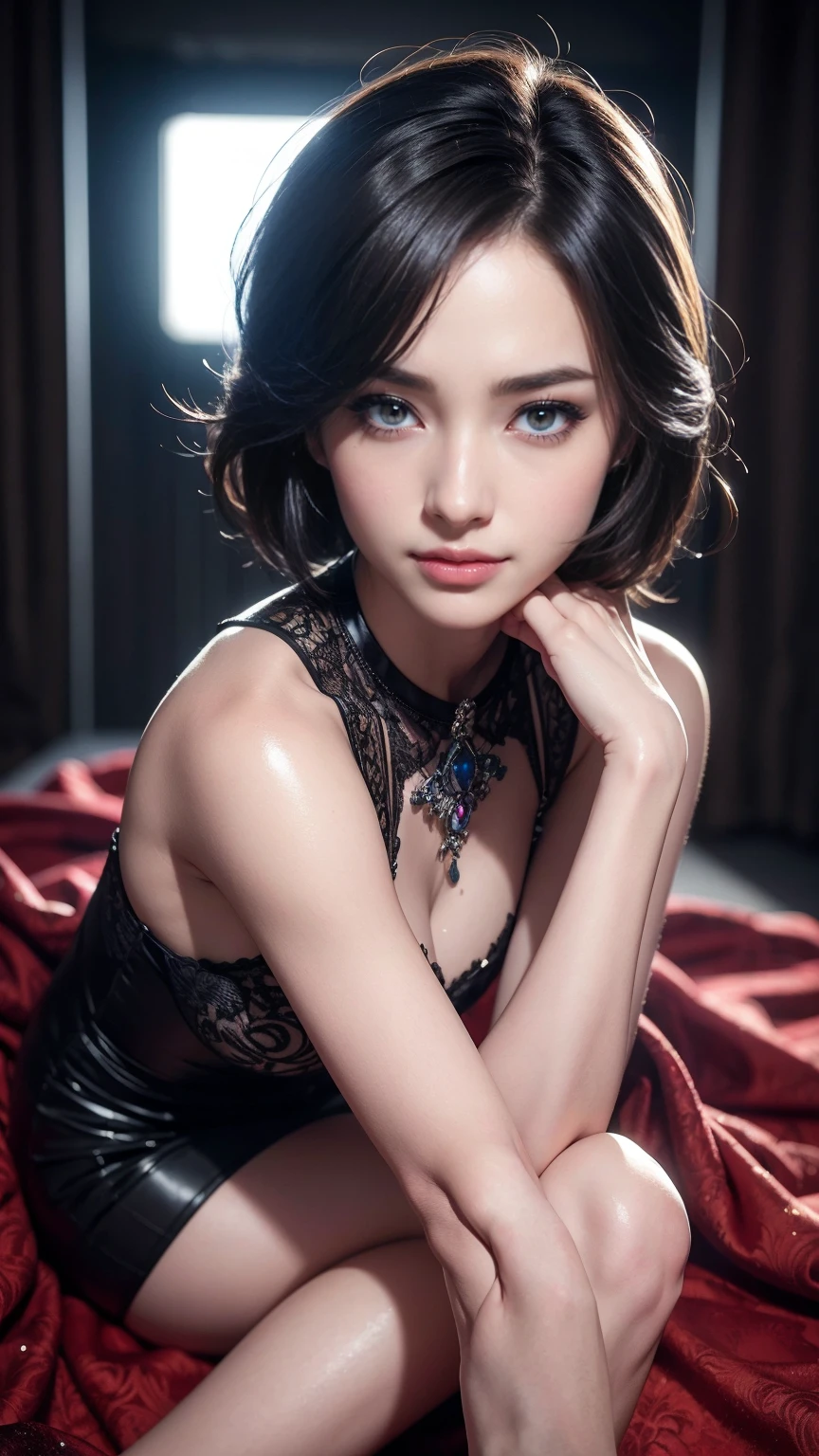 New office lady in dress shirt and skirt, ((Lying on your back in bed))、 (Wearing pantyhose、Very realistic pantyhose)、Innocence、Young Pretty  Idol, Young Sensual Idol, with a drink, she holds a glass of wine, Japanese Models, captivating and enticing, Young skinny idol, Good young girl, Raw photo, (8K、top-quality、​masterpiece:1.2)、(intricate detailes:1.4)、(Photorealsitic:1.4)、octane renderings、Complex 3D rendering ultra detail, studio lights, Rim Lights, vibrant detail, super detailing, Realistic Pantyhose、realistic skin textures, Detail Face, Beautiful detail eyes, Very detailed CG Unity 16k wallpaper, make - up, (detailedbackground:1.2), shinny skin、turned around、Exposed thighs!!!