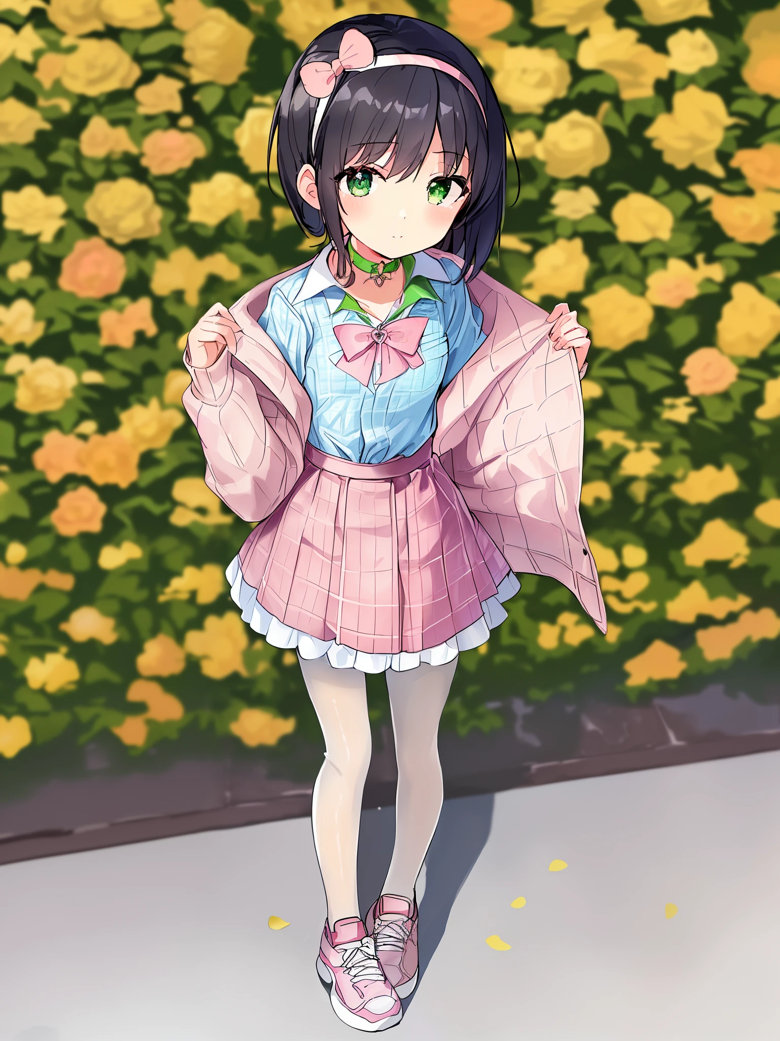 1 girl, solo, masterpiece, best quality, ultra resolution, ultra high details, 8k unity, (anatomically correct:1.3), (petite loli:1.4), (full body:1.2), (black hair:1.2), grey eyes, (hair above shoulder:1.3), high quality eyes, high quality hands, (white collared shirt:1.5), (pink suit jacket with embroidered flowers:1.5), (long sleeves:1.5), (frilled sleeves:1.2), (outfit open:1.6), (white plaid skirt:1.5), (wide hairband:1.3), (pink bow:1.5), (white pantyhose:1.3), (pink white sports shoes:1.3), (green choker:1.5), (urban lane:1.3), (sunny sky:1.2), high quality background, detailed background