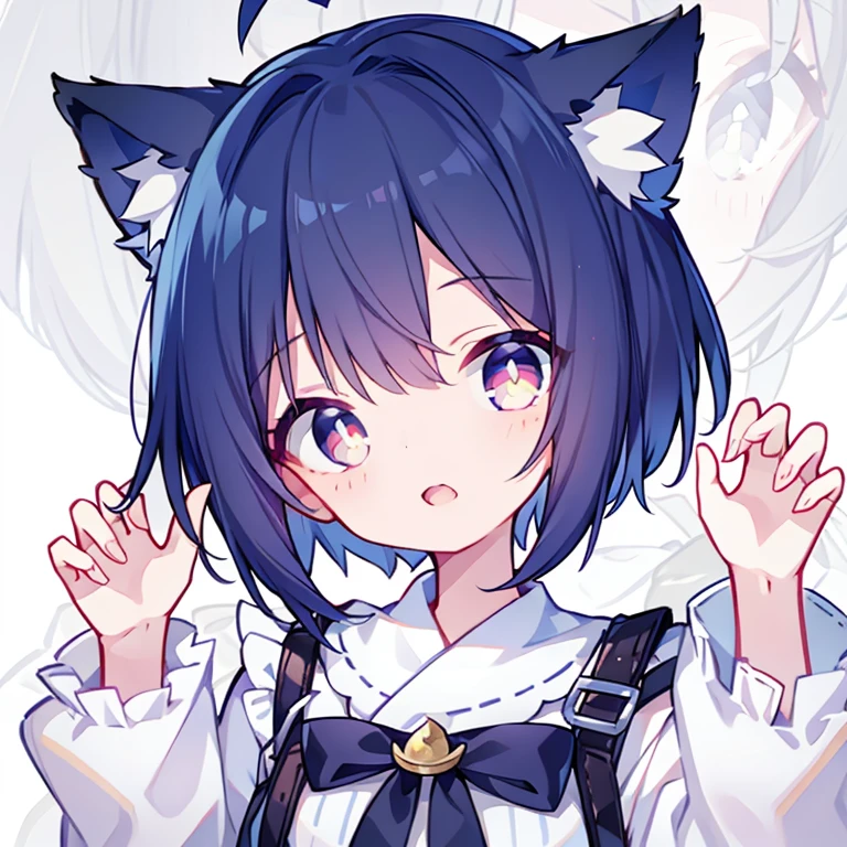 shining eyes、small breasts、Childish clothes、big mouth、Cat ear、light green hair、bob hair、scarf