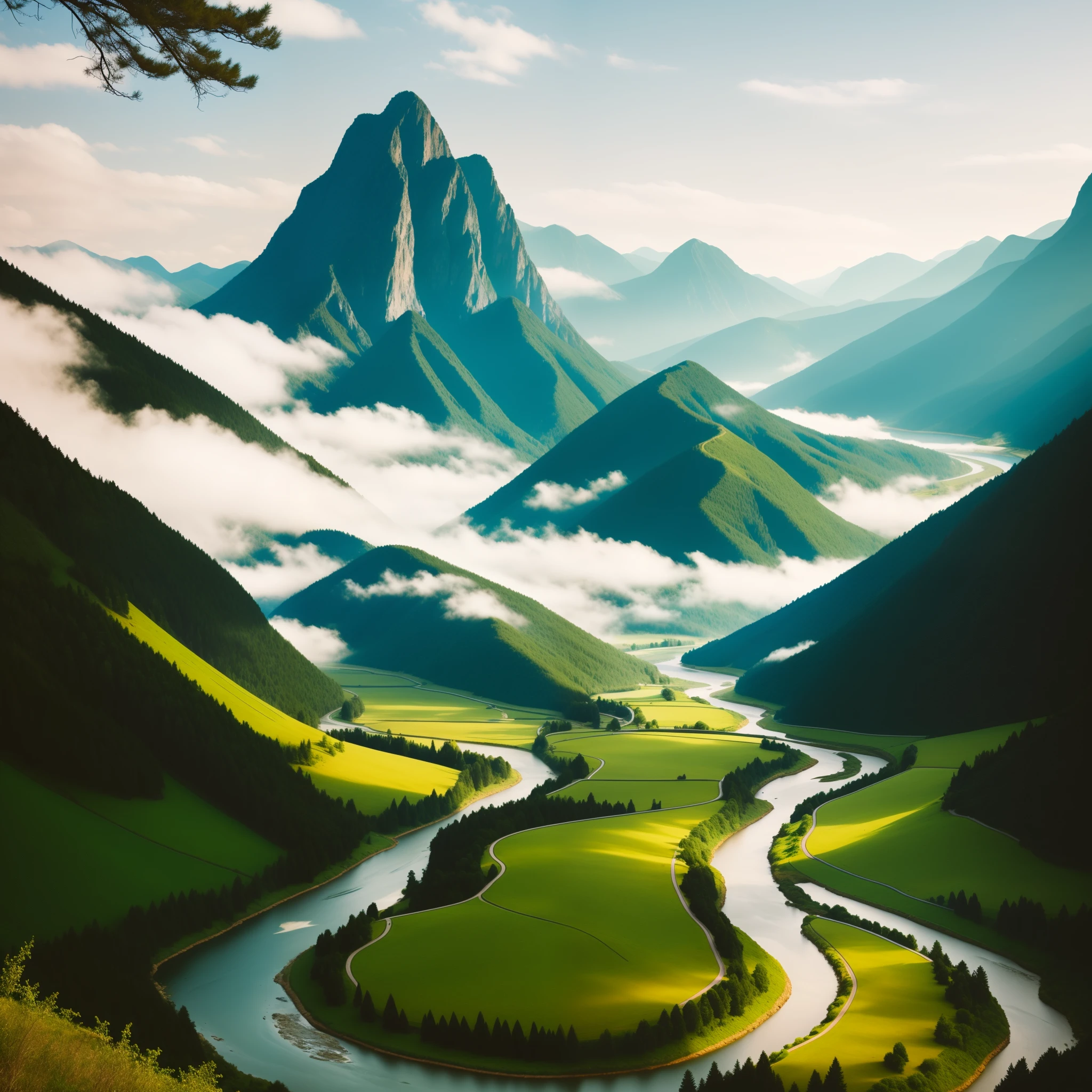 great rivers,The river has no branches,There is only one huge mountain in the picture,The hillside on the left is higher,The hillside on the right is low,True colors