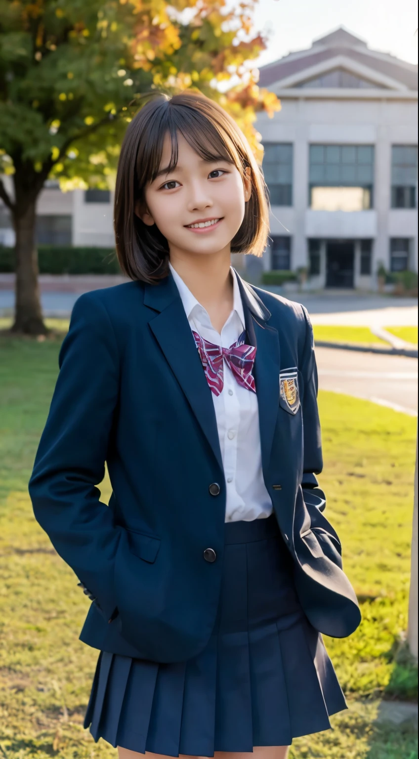 (Highest quality), (Beautiful 14 year old Japanese girl), (Moisturized lips), Narrow eyes, double eyelid, Delicate clavicle, Flat Chest , underdeveloped udder, smile, (Spotted sunlight: 1.2), Professional Lighting, (Petite figure), (Sunburned skin: 0.2), Full body photo, Full Body Focus, (Kneel)、A fine honor student、Slender body、(Navy Blue Blazer School Uniform:1.5)、Boyish ultra-short hair、Stylish white bedroom、Ribbon on chest、Sweep all your hair back、Completely naked、Lift up the skirt、You can see inside her skirt、Completely naked